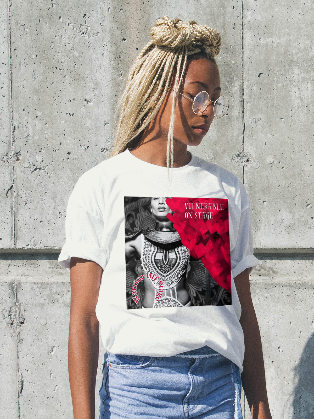 A bold and stylish Unisex Artist Vulnerable Warrior T-Shirt in Classic design, specifically crafted for Black Female Artists (BFA). The shirt features empowering graphics, celebrating authenticity on stage and fierce warrior strength off stage. Perfect for making a statement in the world of art and beyond.