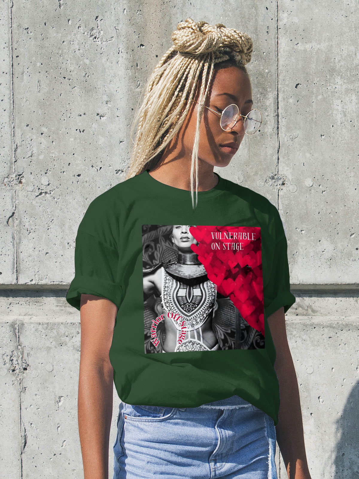 A bold and stylish Unisex Artist Vulnerable Warrior T-Shirt in Classic design, specifically crafted for Black Female Artists (BFA). The shirt features empowering graphics, celebrating authenticity on stage and fierce warrior strength off stage. Perfect for making a statement in the world of art and beyond.
