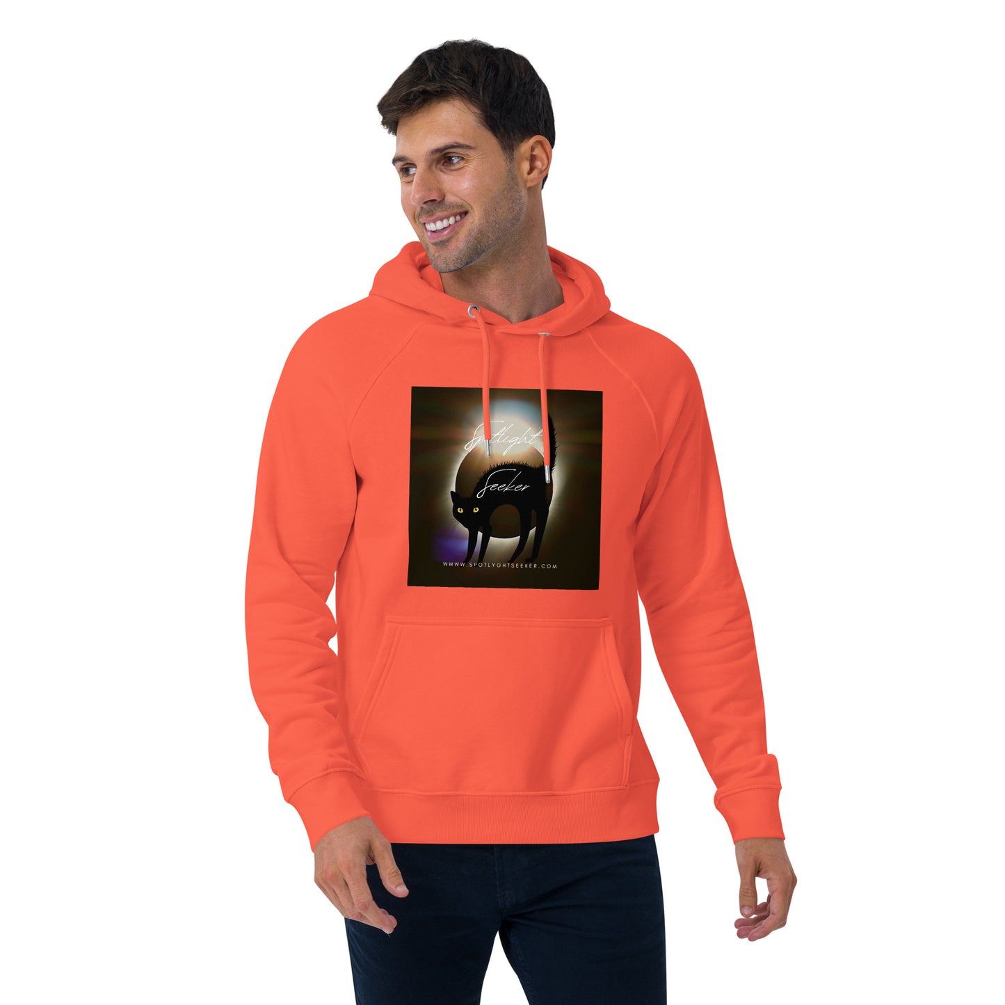 Image of the Cat Call Unisex Fitted Eco Hoodie - 'Woke Kitty' design, a comfortable and stylish hoodie celebrating the connection between artistic awareness and feline charm. Crafted from eco-friendly materials. 🎨😺