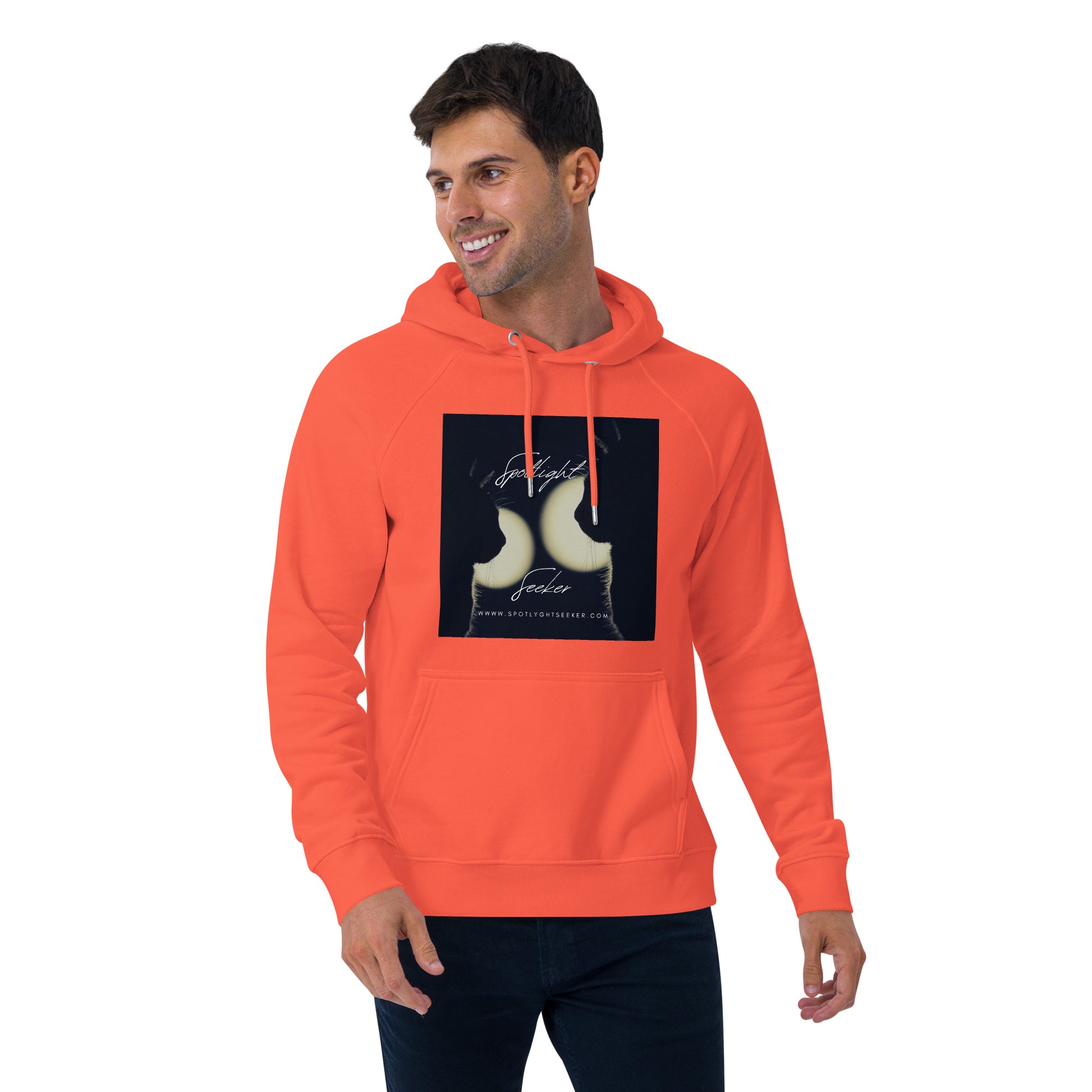 Image of the Cat Call Unisex Fitted Eco Hoodie - 'Dos Gotos Dos Gatos' design, a comfortable and stylish hoodie symbolizing artistic spotlight birthright, featuring an artistic portrayal of two cats. Crafted from eco-friendly materials. 🐱🎨