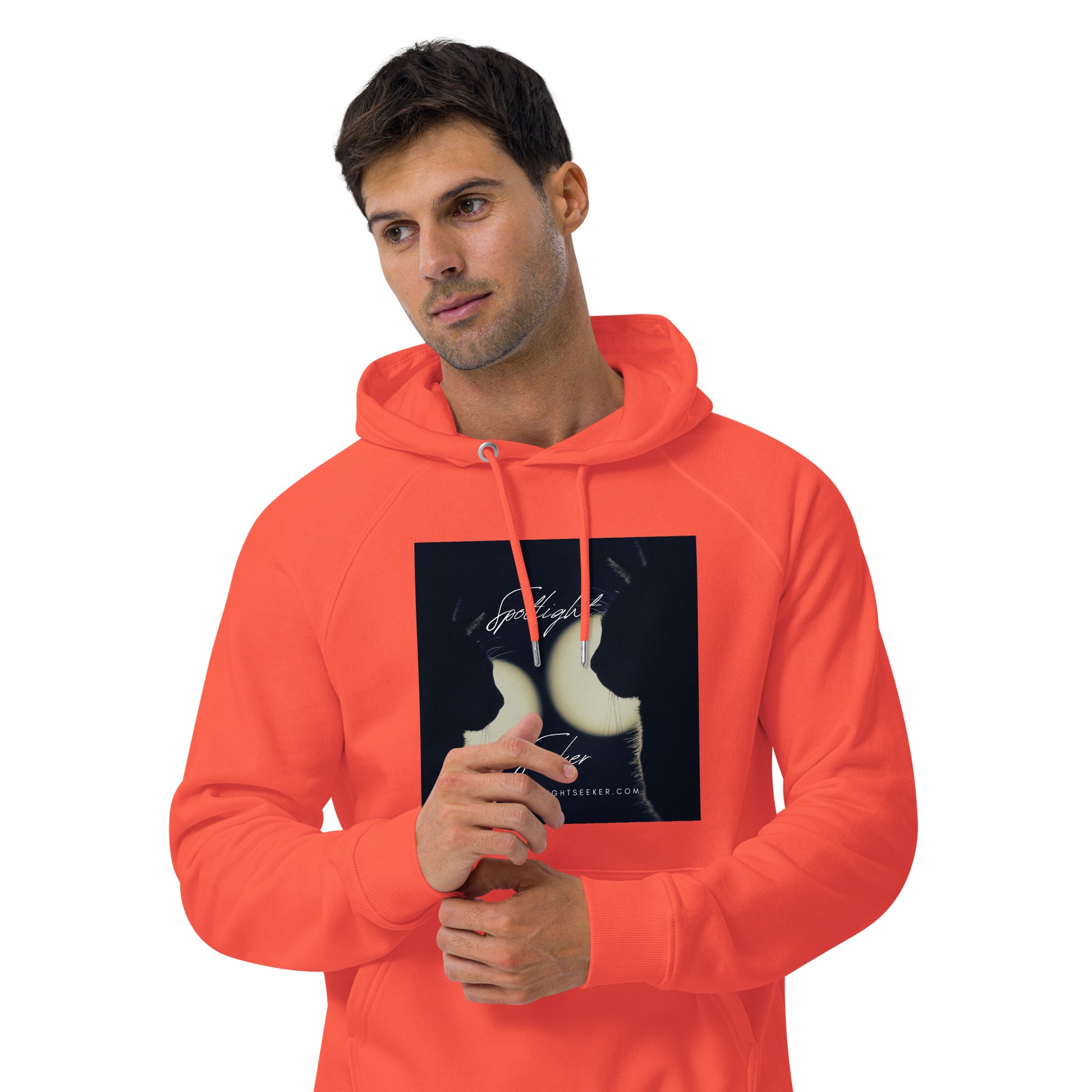 Image of the Cat Call Unisex Fitted Eco Hoodie - 'Dos Gotos Dos Gatos' design, a comfortable and stylish hoodie symbolizing artistic spotlight birthright, featuring an artistic portrayal of two cats. Crafted from eco-friendly materials. 🐱🎨