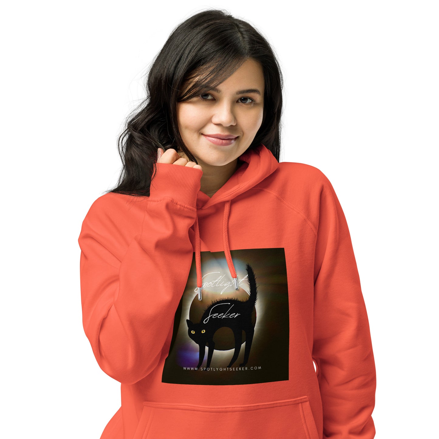 Image of the Cat Call Unisex Fitted Eco Hoodie - 'Woke Kitty' design, a comfortable and stylish hoodie celebrating the connection between artistic awareness and feline charm. Crafted from eco-friendly materials. 🎨😺