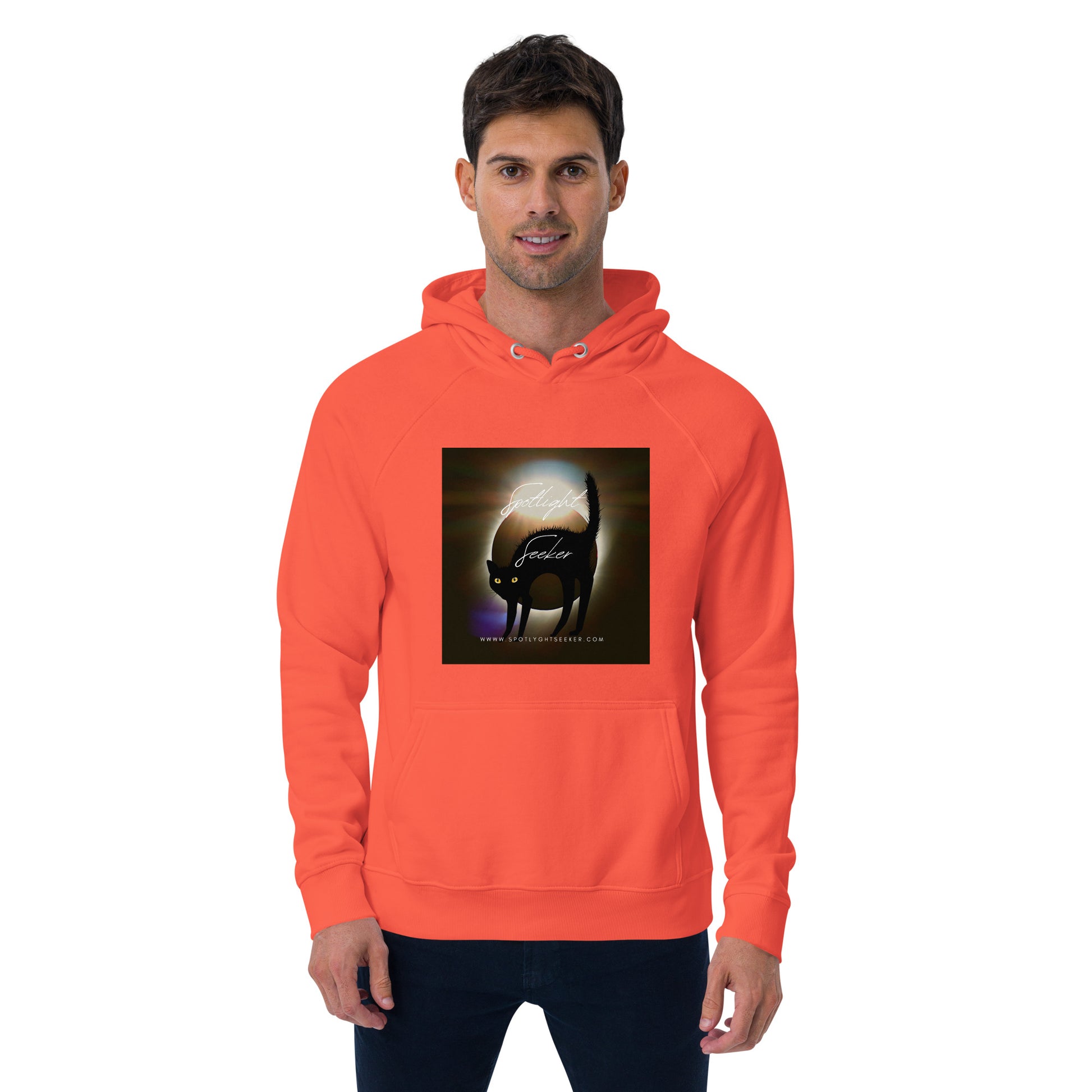 Image of the Cat Call Unisex Fitted Eco Hoodie - 'Woke Kitty' design, a comfortable and stylish hoodie celebrating the connection between artistic awareness and feline charm. Crafted from eco-friendly materials. 🎨😺