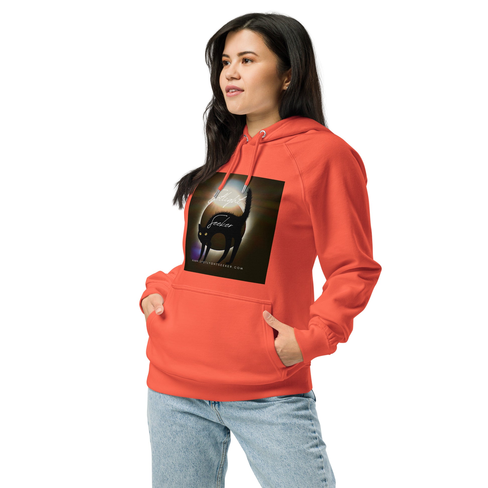 Image of the Cat Call Unisex Fitted Eco Hoodie - 'Woke Kitty' design, a comfortable and stylish hoodie celebrating the connection between artistic awareness and feline charm. Crafted from eco-friendly materials. 🎨😺