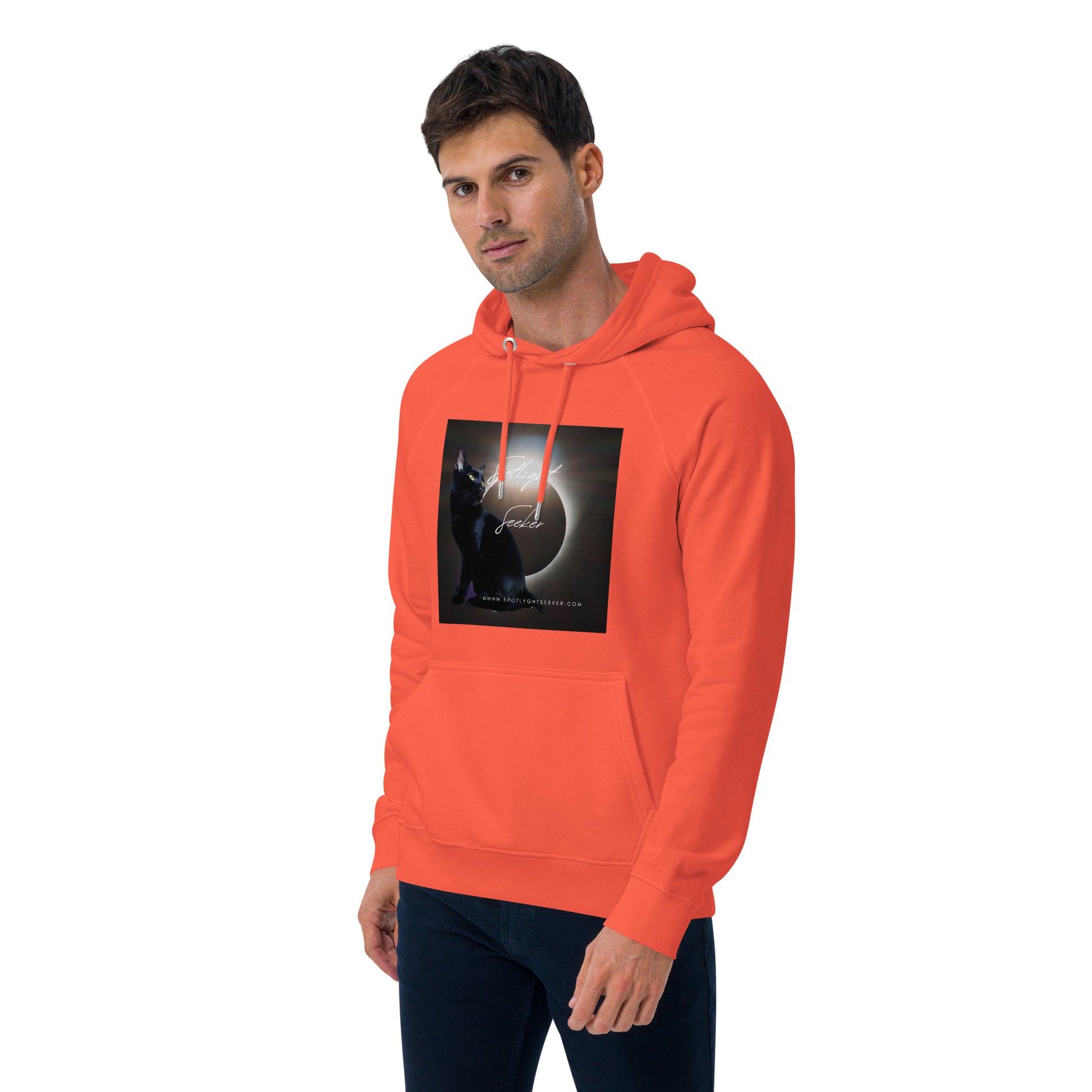 Image of the Cat Call Unisex Fitted Eco Hoodie - 'You Talkin to Me?' design, a stylish and comfortable hoodie representing artists' spotlight claim, featuring an intriguing artistic motif. Crafted from eco-friendly materials. 🎨🗣️