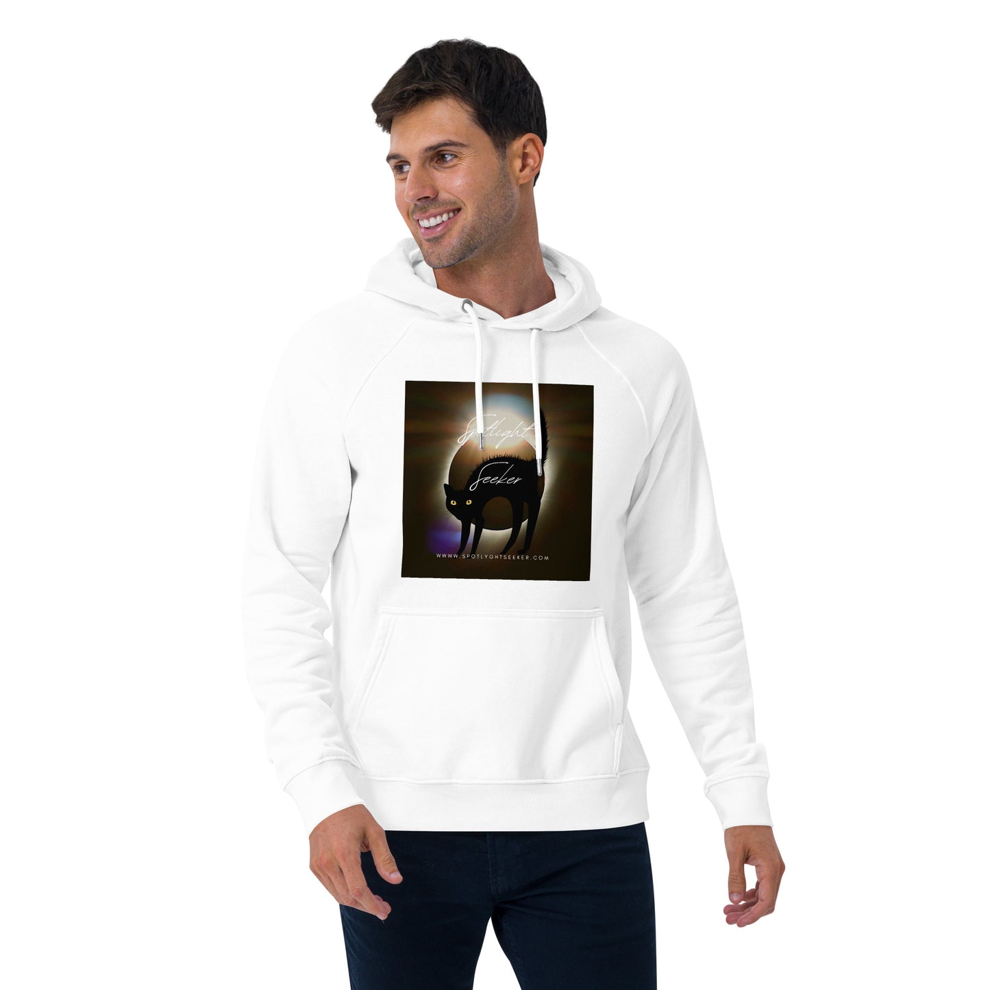 Image of the Cat Call Unisex Fitted Eco Hoodie - 'Woke Kitty' design, a comfortable and stylish hoodie celebrating the connection between artistic awareness and feline charm. Crafted from eco-friendly materials. 🎨😺