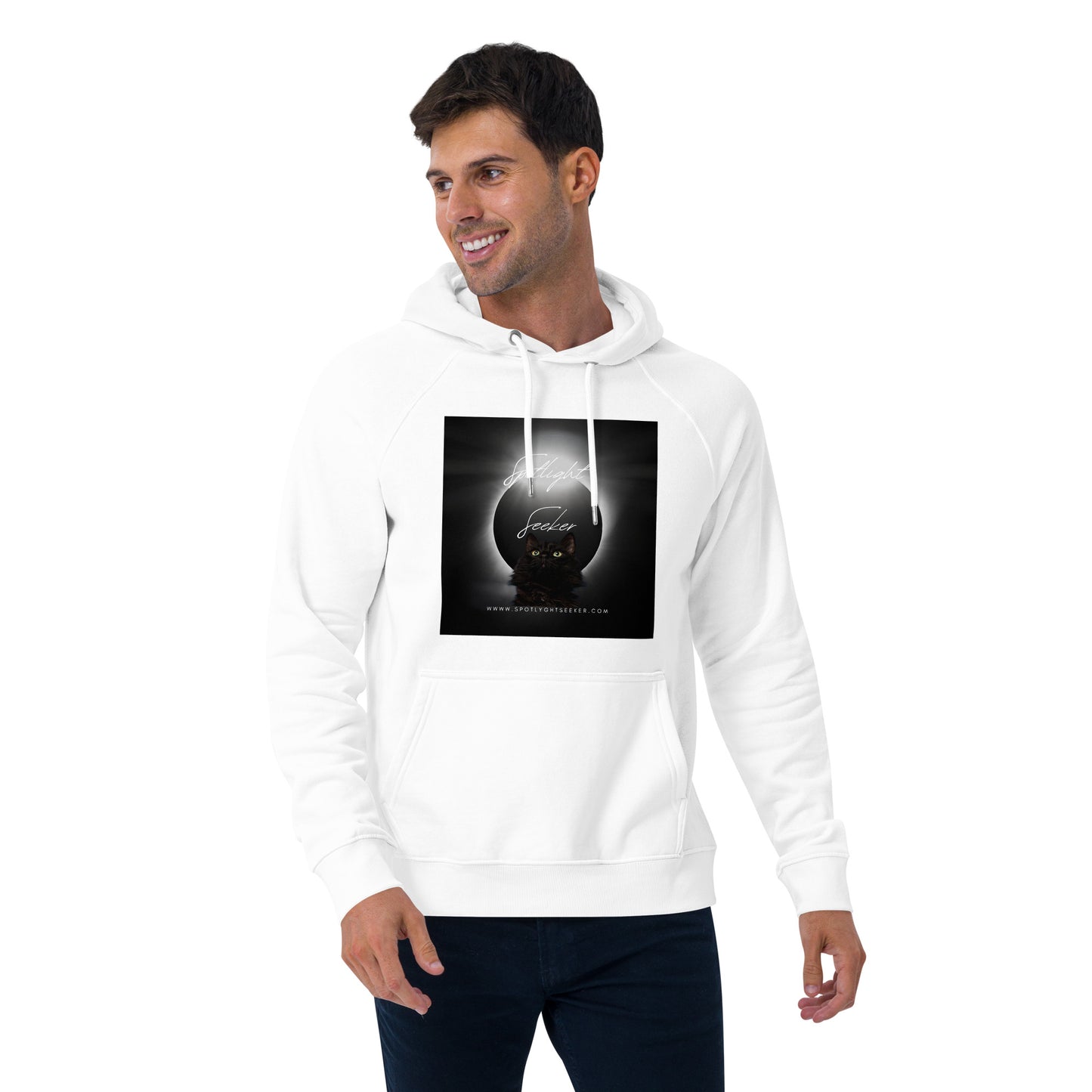 Image of the Cat Call Unisex Fitted Eco Hoodie - 'A Calling' design, a comfortable and stylish hoodie reflecting the theme of artists claiming their birthright in the spotlight. Crafted from eco-friendly materials. 🎨🌟