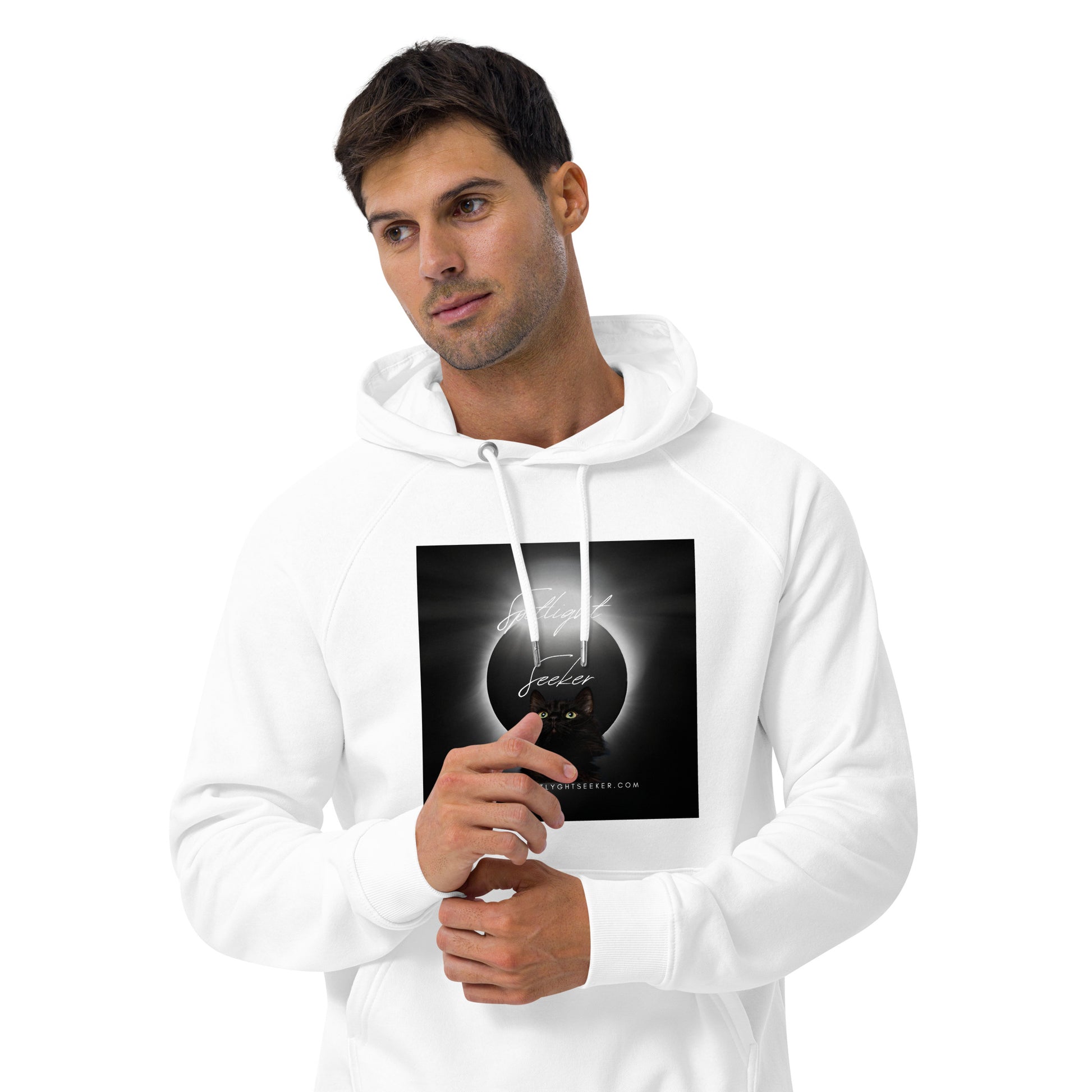 Image of the Cat Call Unisex Fitted Eco Hoodie - 'A Calling' design, a comfortable and stylish hoodie reflecting the theme of artists claiming their birthright in the spotlight. Crafted from eco-friendly materials. 🎨🌟