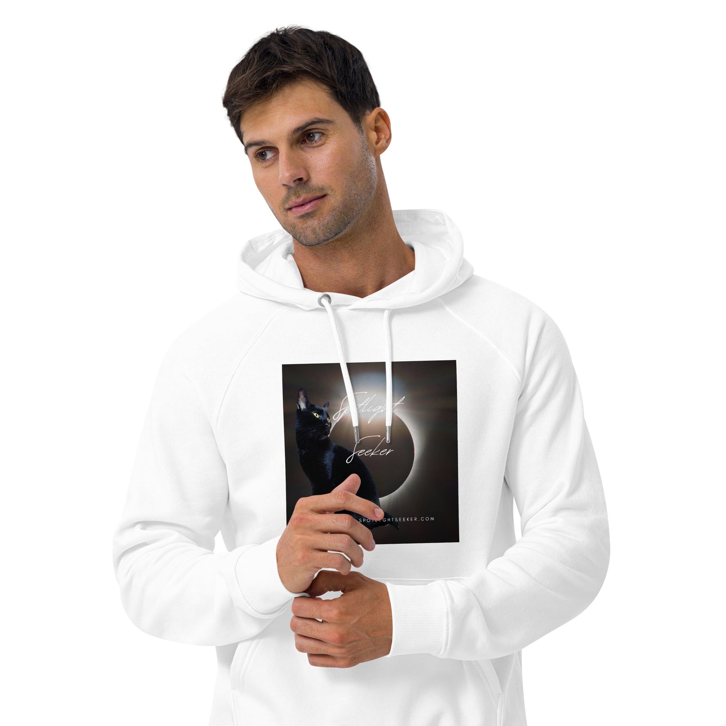 Image of the Cat Call Unisex Fitted Eco Hoodie - 'You Talkin to Me?' design, a stylish and comfortable hoodie representing artists' spotlight claim, featuring an intriguing artistic motif. Crafted from eco-friendly materials. 🎨🗣️