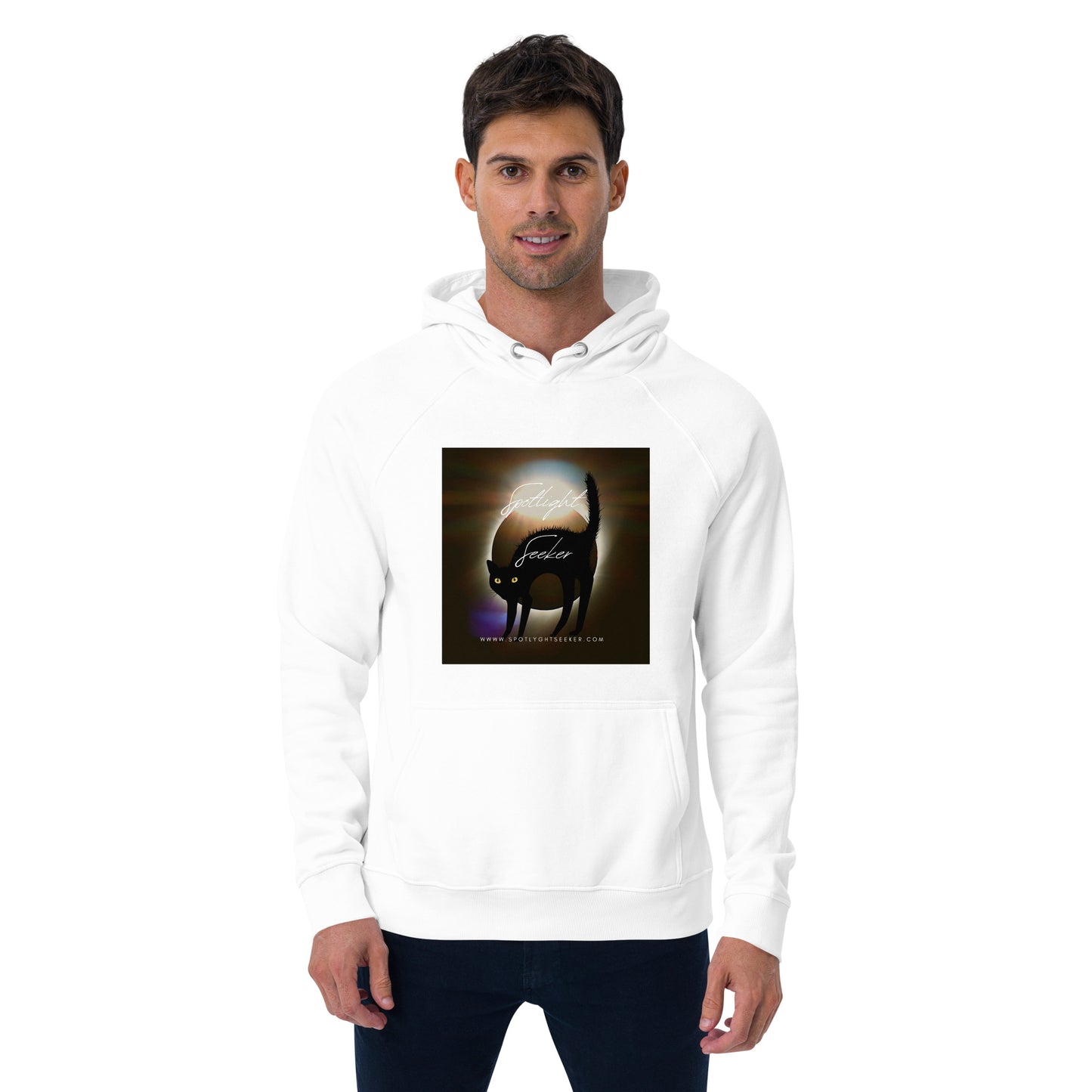 Image of the Cat Call Unisex Fitted Eco Hoodie - 'Woke Kitty' design, a comfortable and stylish hoodie celebrating the connection between artistic awareness and feline charm. Crafted from eco-friendly materials. 🎨😺