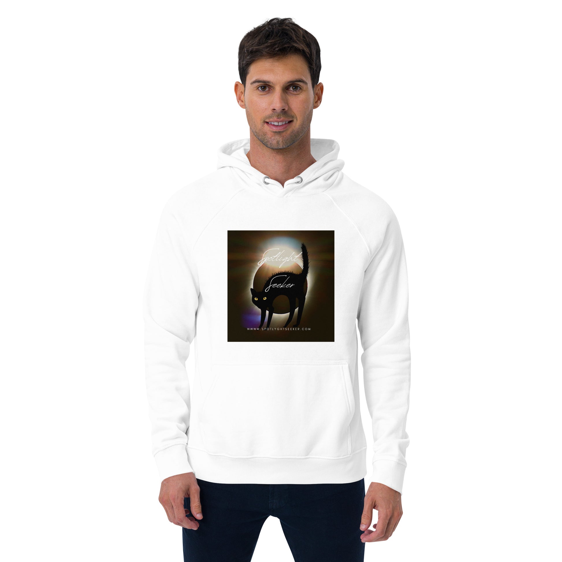 Image of the Cat Call Unisex Fitted Eco Hoodie - 'Woke Kitty' design, a comfortable and stylish hoodie celebrating the connection between artistic awareness and feline charm. Crafted from eco-friendly materials. 🎨😺
