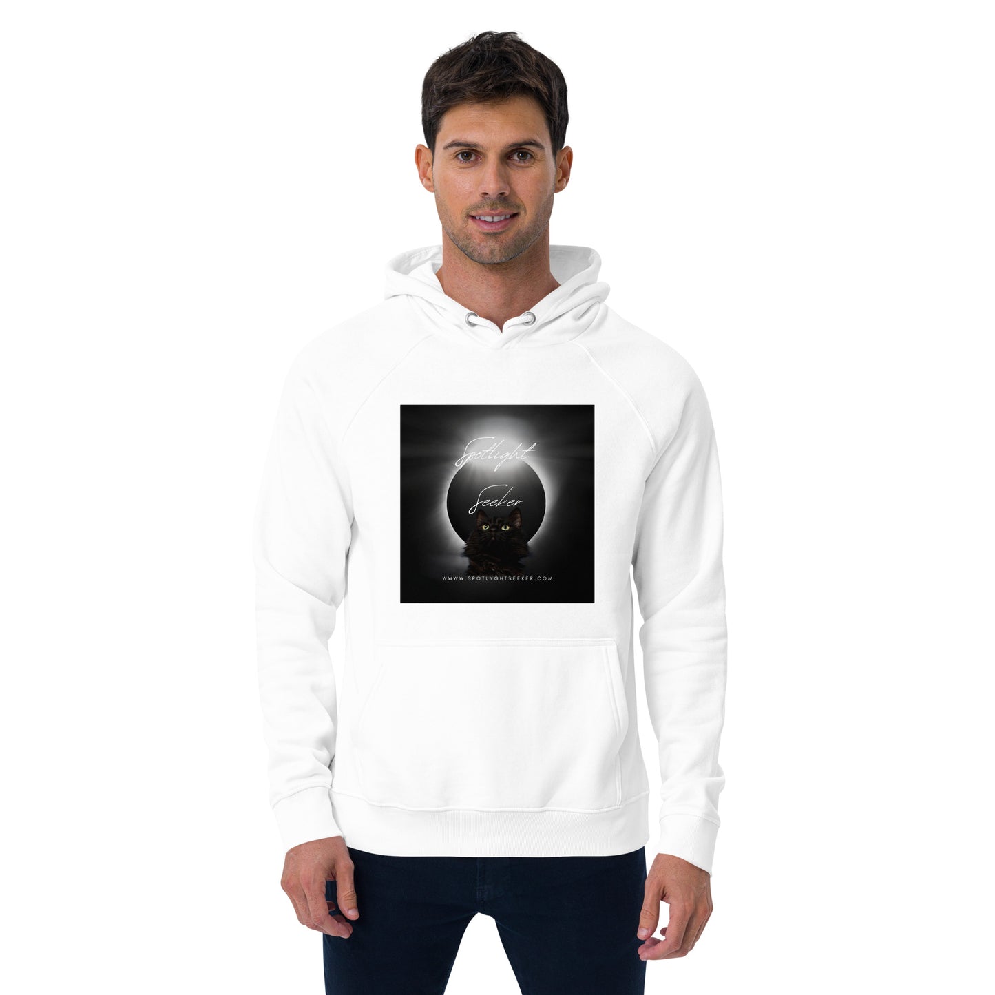 Image of the Cat Call Unisex Fitted Eco Hoodie - 'A Calling' design, a comfortable and stylish hoodie reflecting the theme of artists claiming their birthright in the spotlight. Crafted from eco-friendly materials. 🎨🌟