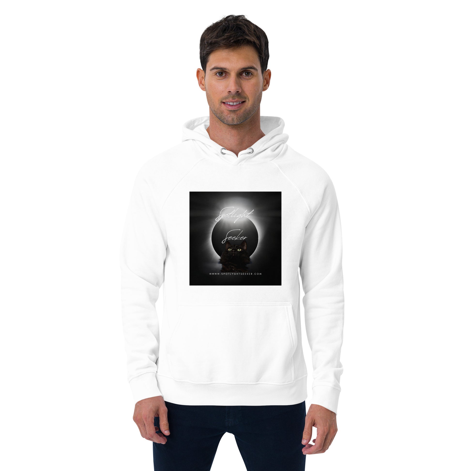 Image of the Cat Call Unisex Fitted Eco Hoodie - 'A Calling' design, a comfortable and stylish hoodie reflecting the theme of artists claiming their birthright in the spotlight. Crafted from eco-friendly materials. 🎨🌟