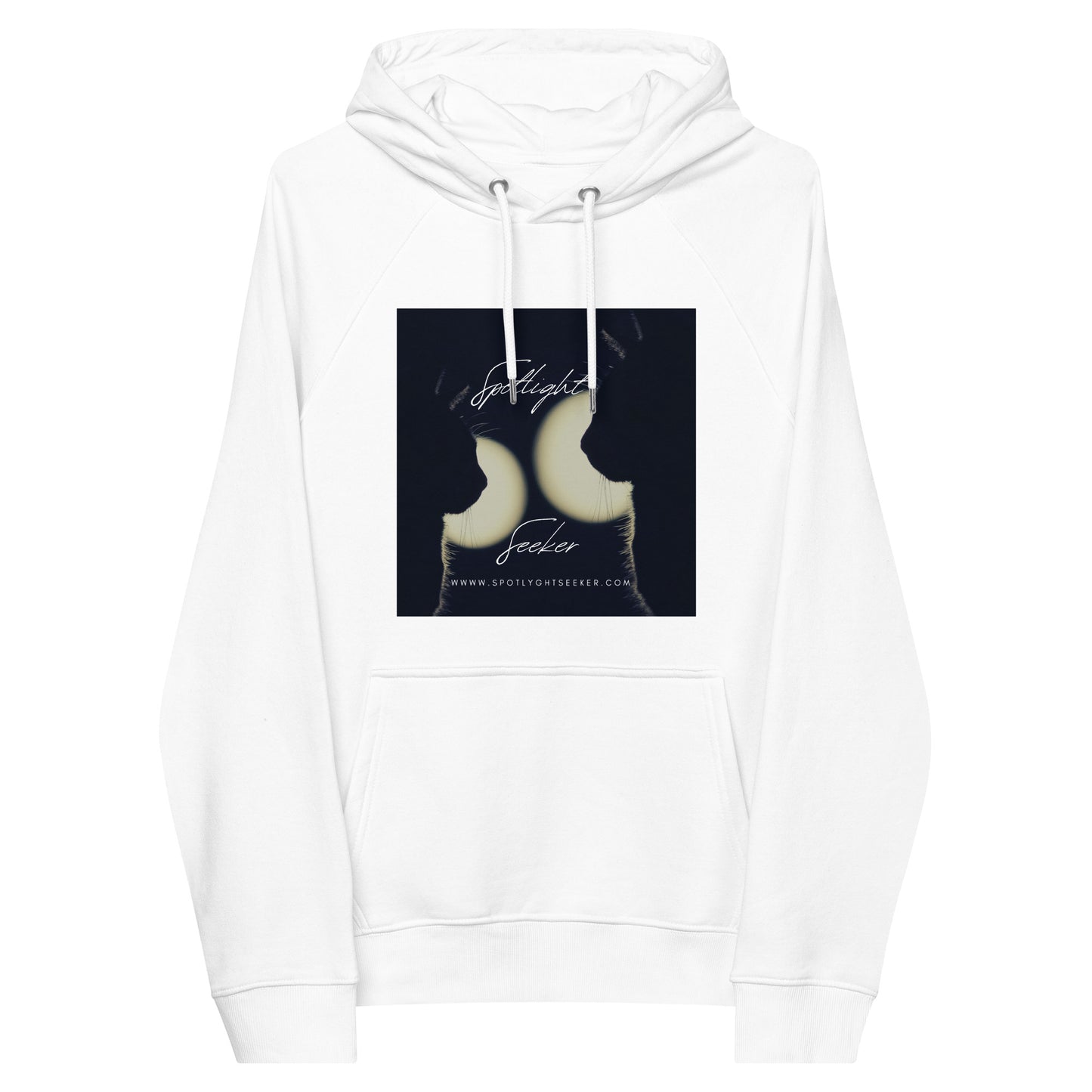 Image of the Cat Call Unisex Fitted Eco Hoodie - 'Dos Gotos Dos Gatos' design, a comfortable and stylish hoodie symbolizing artistic spotlight birthright, featuring an artistic portrayal of two cats. Crafted from eco-friendly materials. 🐱🎨