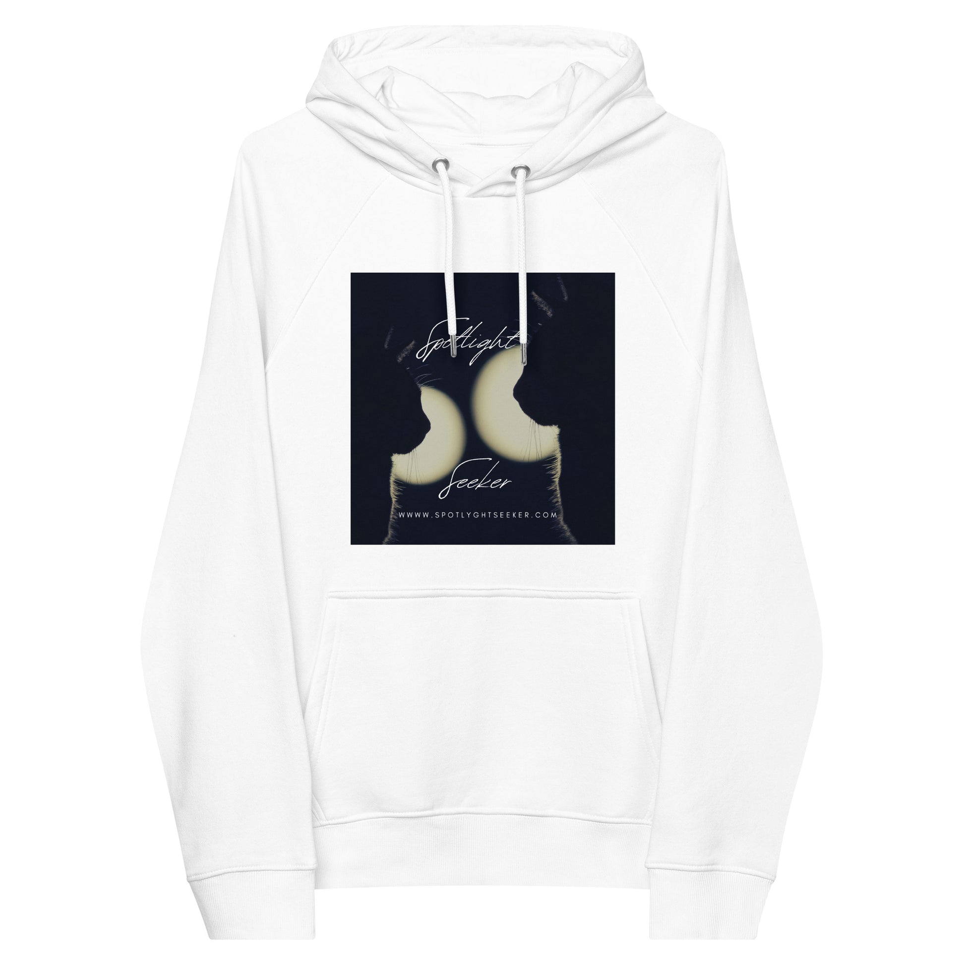 Image of the Cat Call Unisex Fitted Eco Hoodie - 'Dos Gotos Dos Gatos' design, a comfortable and stylish hoodie symbolizing artistic spotlight birthright, featuring an artistic portrayal of two cats. Crafted from eco-friendly materials. 🐱🎨