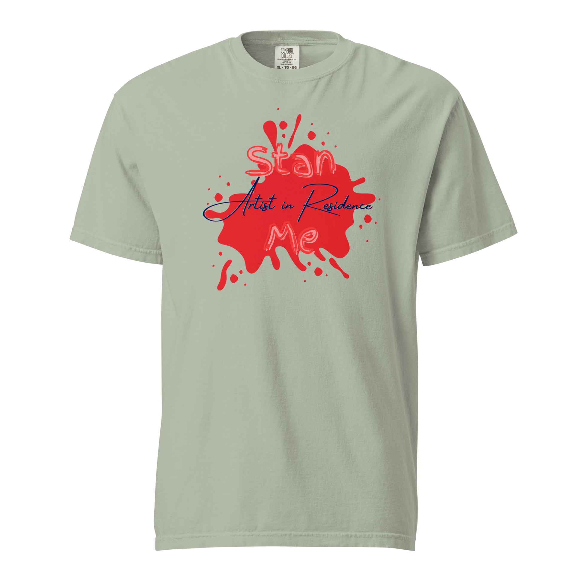 “Stan Me, Artist in Residence” tees featuring paint splatter designs, blending artistic creativity with stan culture. Available in 8 unique styles. Perfect for artists looking to attract fans and gigs. pale green tee