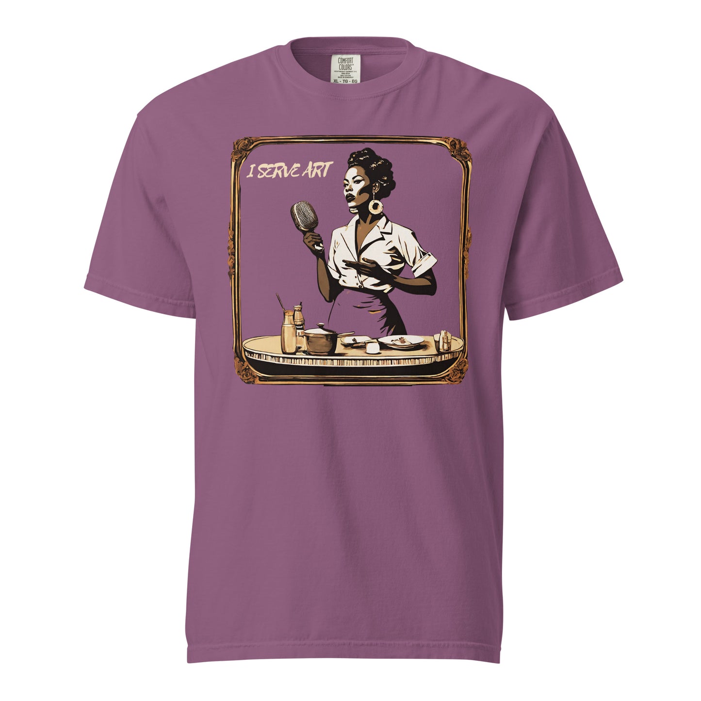 I Serve Art Waitress/Mic Heavyweight Unisex Dark T-Shirt - Gold