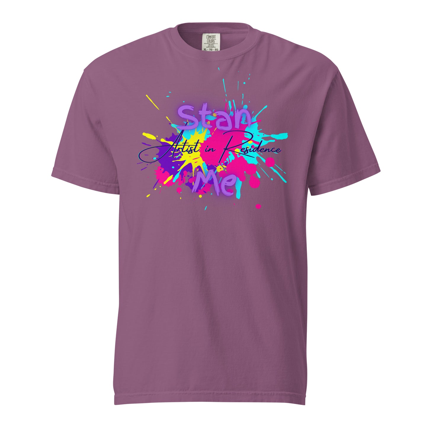 “Stan Me, Artist in Residence” tees featuring paint splatter designs, blending artistic creativity with stan culture. Available in 8 unique styles. Perfect for artists looking to attract fans and gigs.