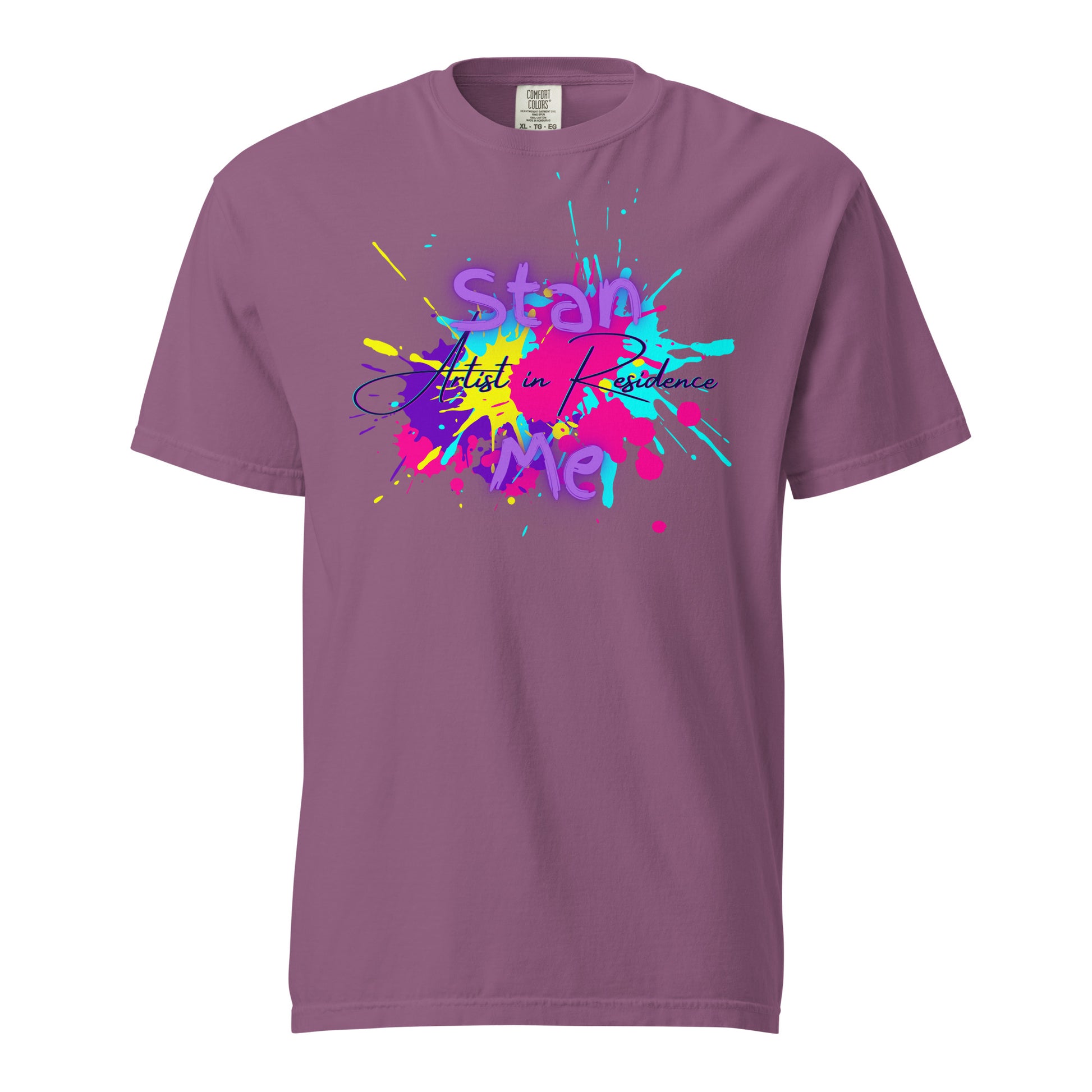 “Stan Me, Artist in Residence” tees featuring paint splatter designs, blending artistic creativity with stan culture. Available in 8 unique styles. Perfect for artists looking to attract fans and gigs.