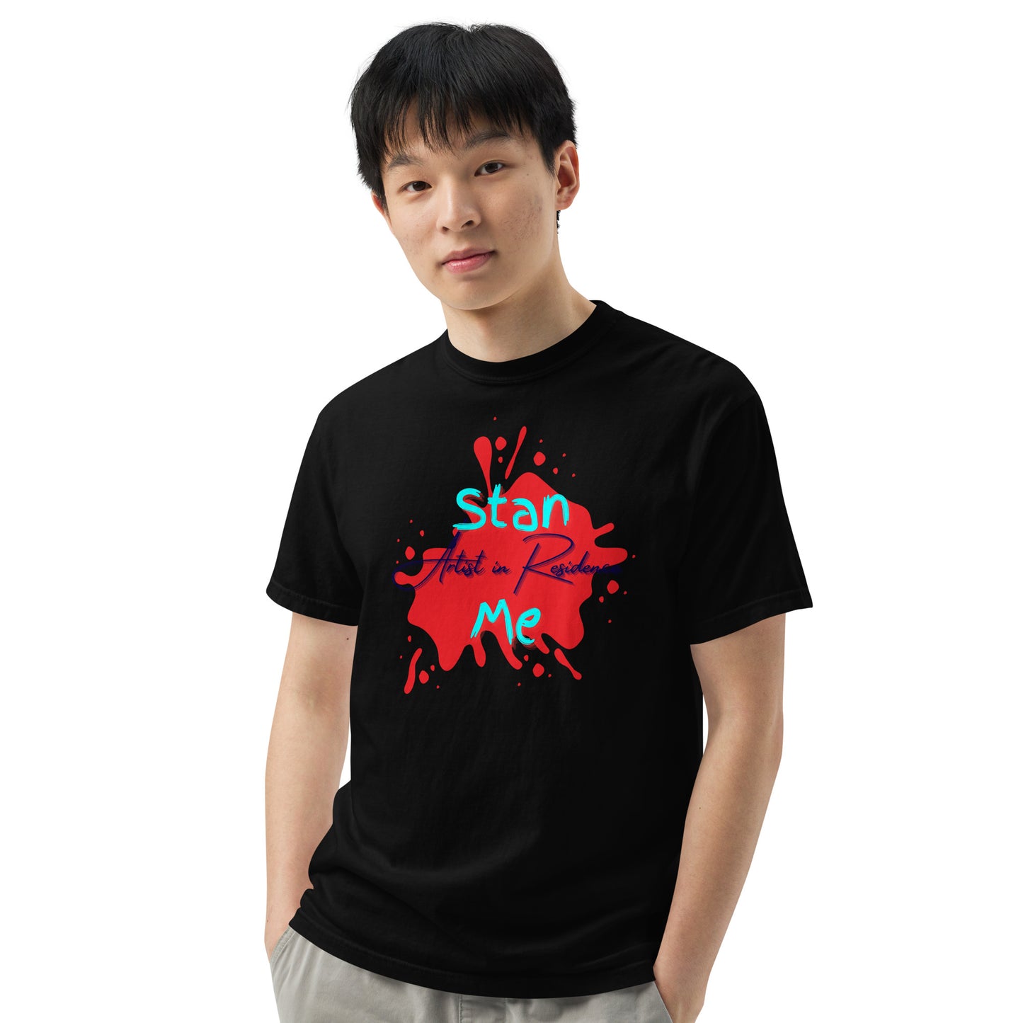 “Stan Me, Artist in Residence” tees featuring paint splatter designs, blending artistic creativity with stan culture. Available in 8 unique styles. Perfect for artists looking to attract fans and gigs. black tee