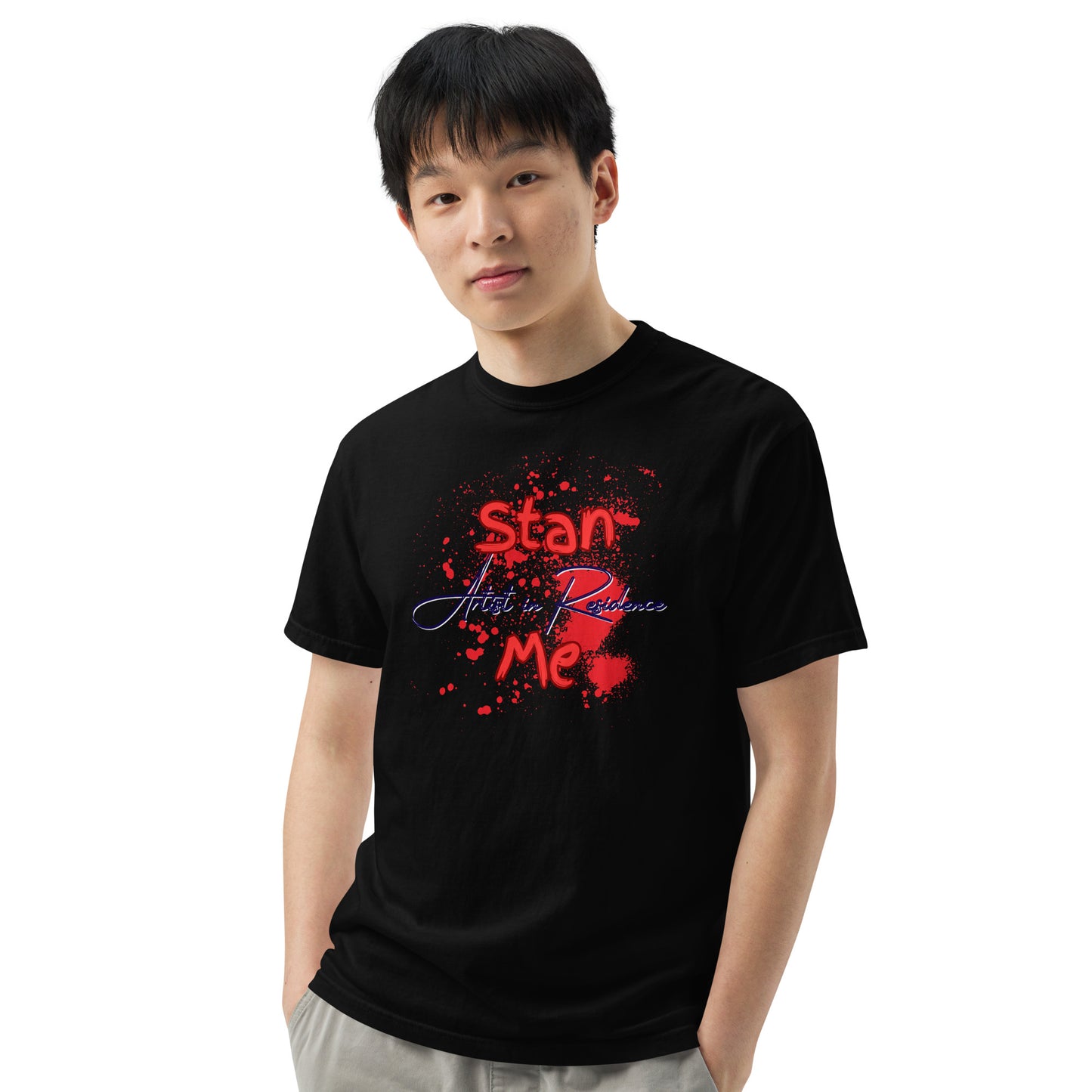 “Stan Me, Artist in Residence” tees featuring paint splatter designs, blending artistic creativity with stan culture. Available in 8 unique styles. Perfect for artists looking to attract fans and gigs.