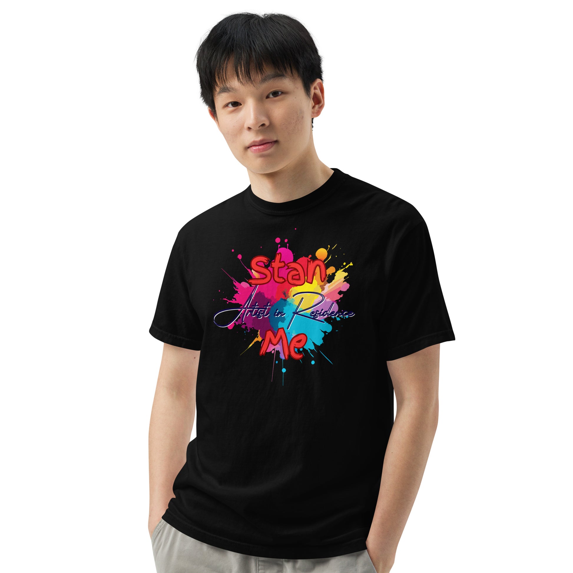 “Stan Me, Artist in Residence” tees featuring paint splatter designs, blending artistic creativity with stan culture. Available in 8 unique styles. Perfect for artists looking to attract fans and gigs. black tee