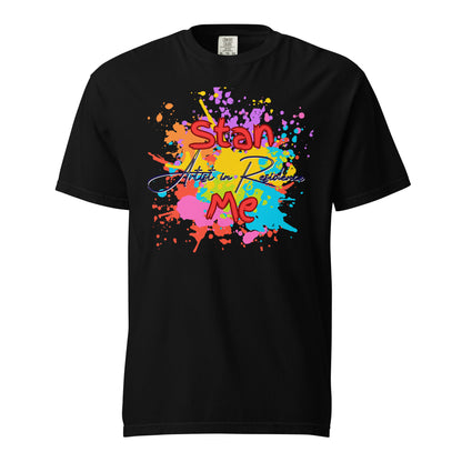 “Stan Me, Artist in Residence” tees featuring paint splatter designs, blending artistic creativity with stan culture. Available in 8 unique styles. Perfect for artists looking to attract fans and gigs.