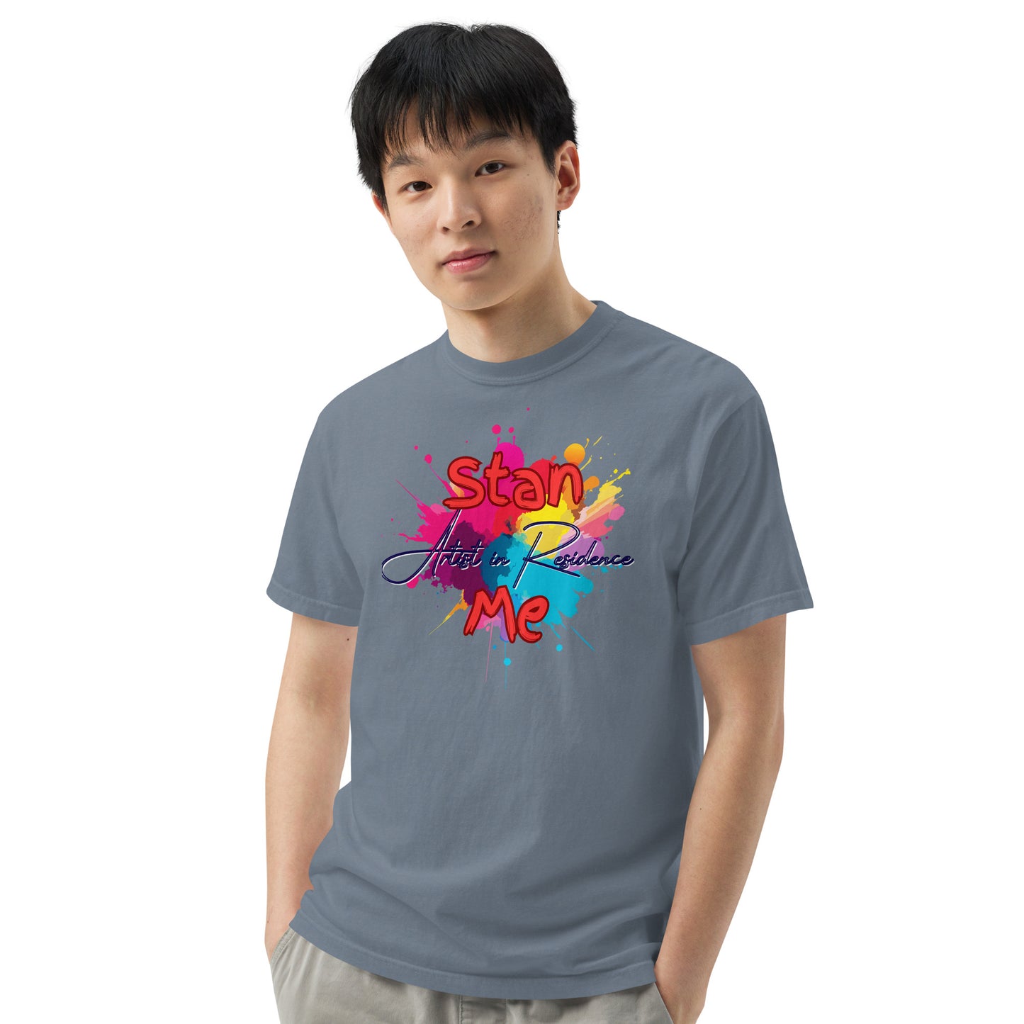 “Stan Me, Artist in Residence” tees featuring paint splatter designs, blending artistic creativity with stan culture. Available in 8 unique styles. Perfect for artists looking to attract fans and gigs. grey tee