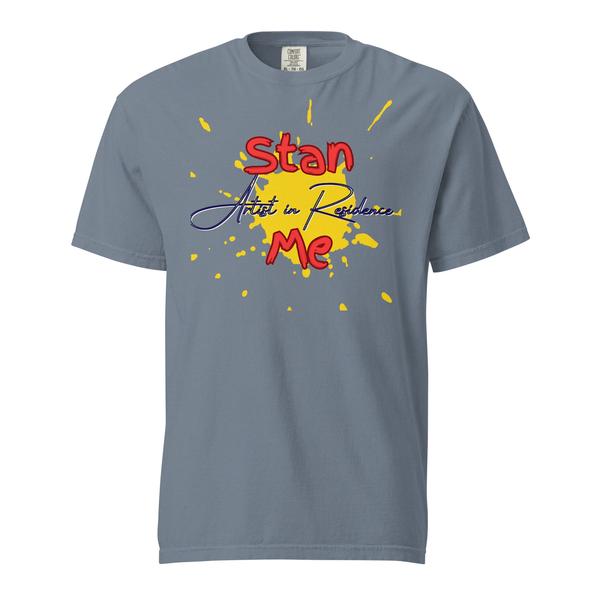 “Stan Me, Artist in Residence” tees featuring paint splatter designs, blending artistic creativity with stan culture. Available in 8 unique styles. Perfect for artists looking to attract fans and gigs.