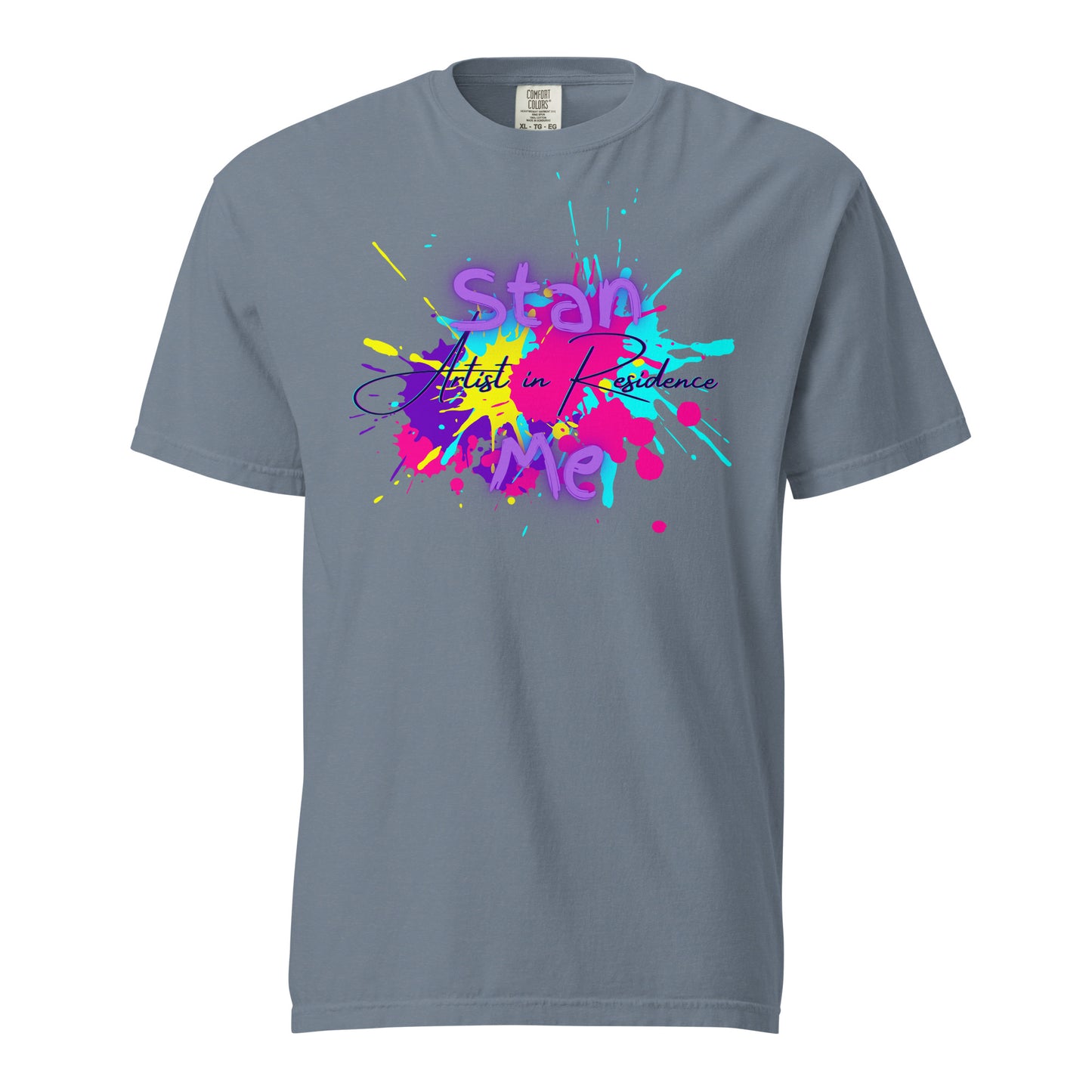 “Stan Me, Artist in Residence” tees featuring paint splatter designs, blending artistic creativity with stan culture. Available in 8 unique styles. Perfect for artists looking to attract fans and gigs.