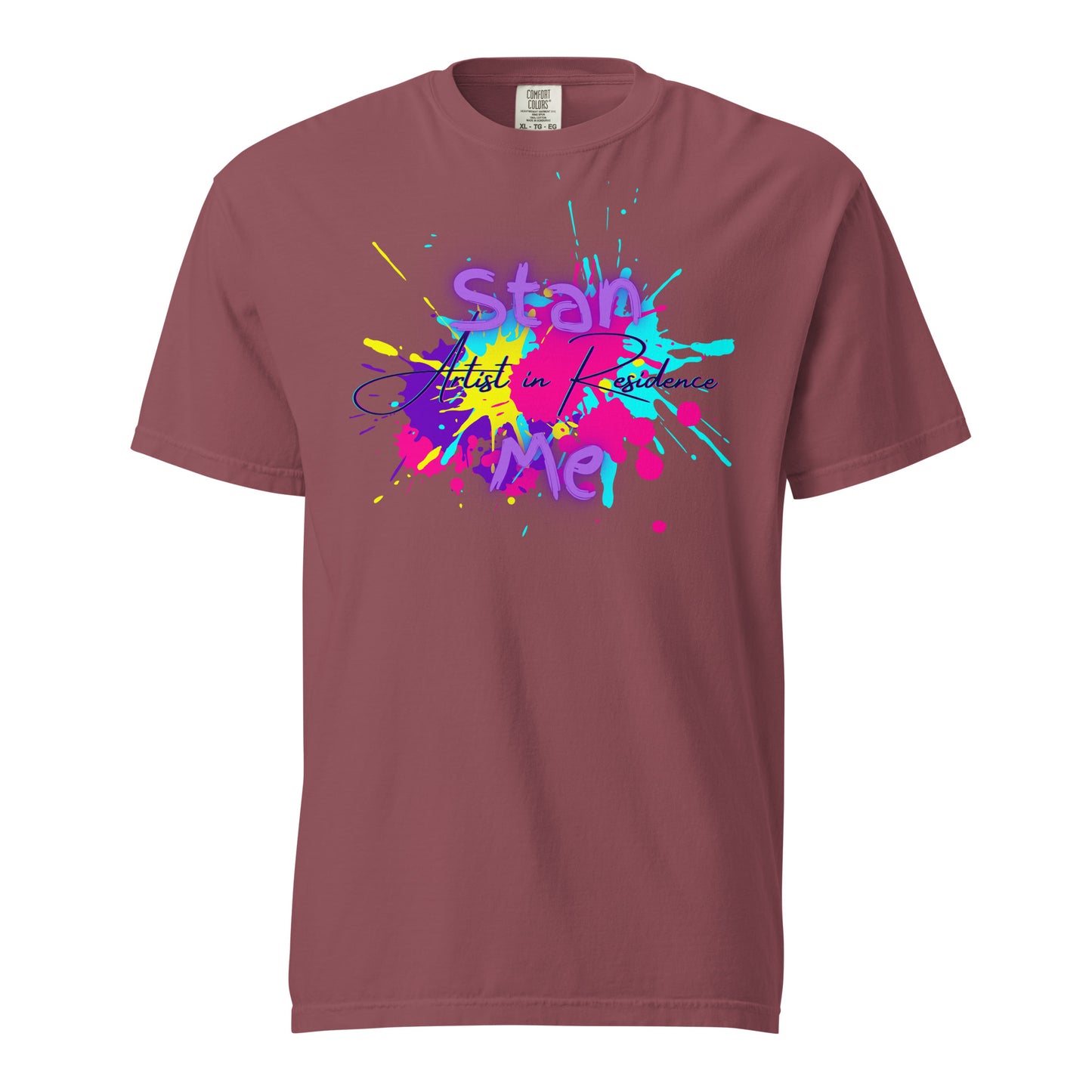 “Stan Me, Artist in Residence” tees featuring paint splatter designs, blending artistic creativity with stan culture. Available in 8 unique styles. Perfect for artists looking to attract fans and gigs.