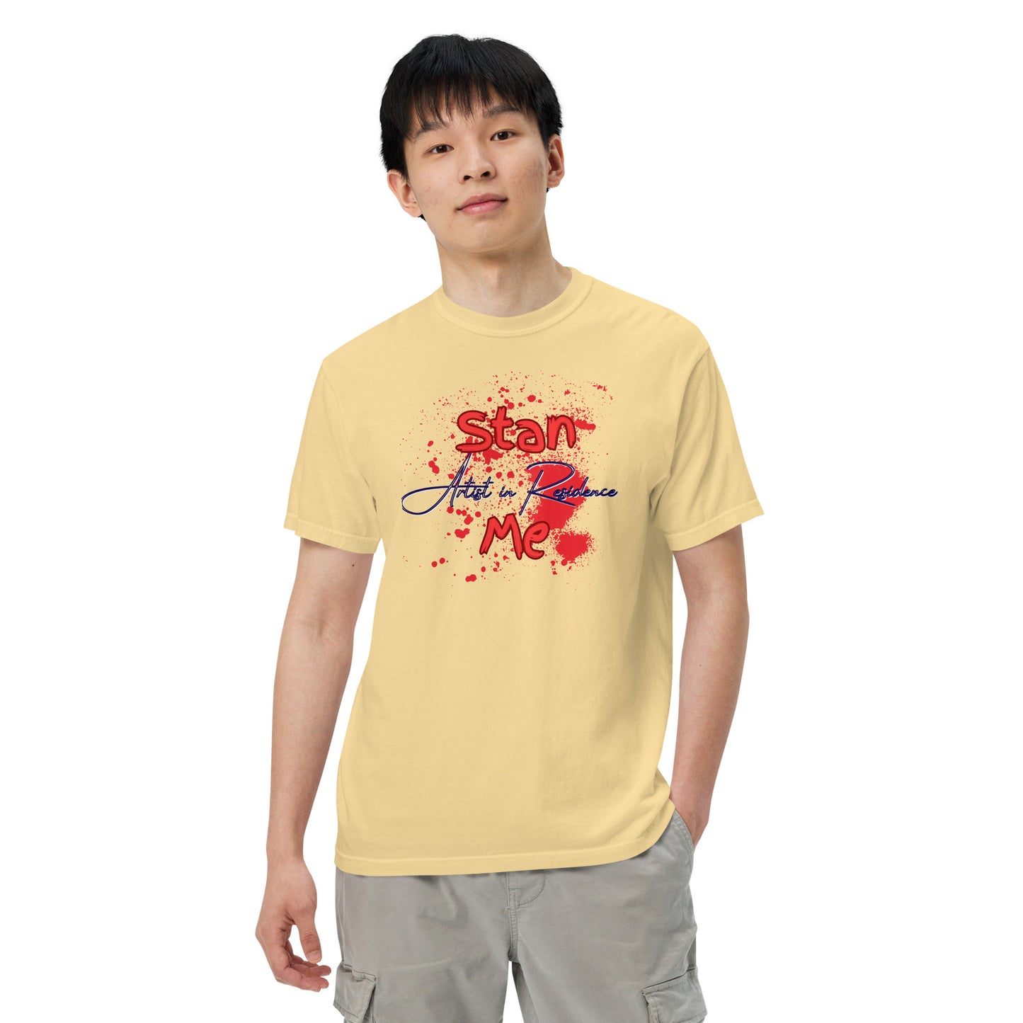 “Stan Me, Artist in Residence” tees featuring paint splatter designs, blending artistic creativity with stan culture. Available in 8 unique styles. Perfect for artists looking to attract fans and gigs.
