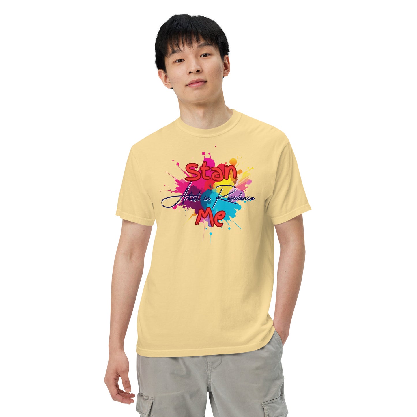 “Stan Me, Artist in Residence” tees featuring paint splatter designs, blending artistic creativity with stan culture. Available in 8 unique styles. Perfect for artists looking to attract fans and gigs.