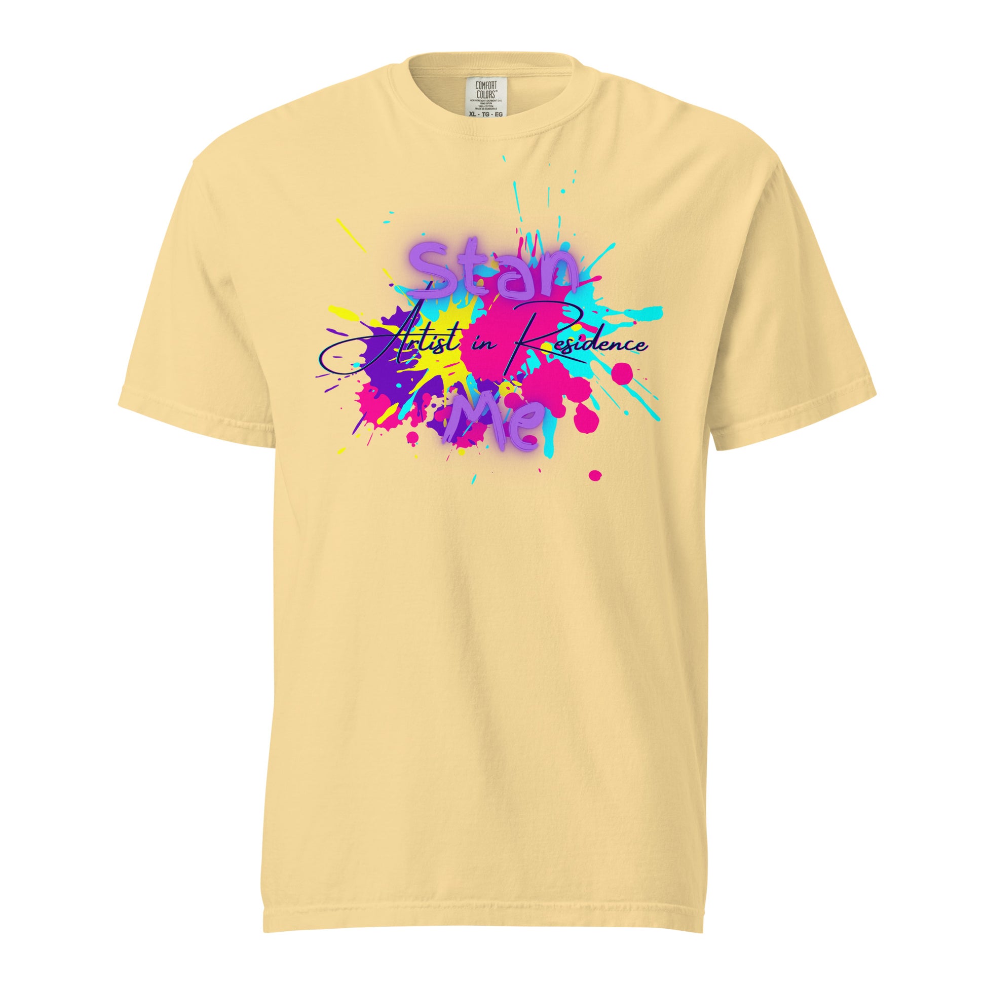“Stan Me, Artist in Residence” tees featuring paint splatter designs, blending artistic creativity with stan culture. Available in 8 unique styles. Perfect for artists looking to attract fans and gigs.