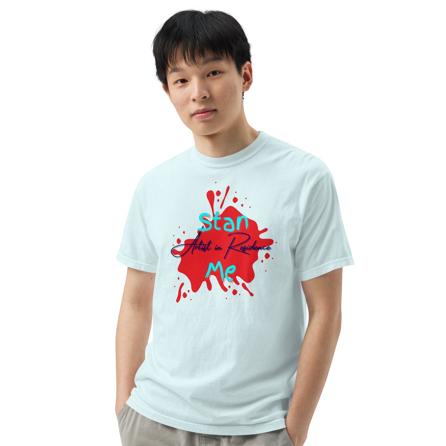 “Stan Me, Artist in Residence” tees featuring paint splatter designs, blending artistic creativity with stan culture. Available in 8 unique styles. Perfect for artists looking to attract fans and gigs. ice blue tee