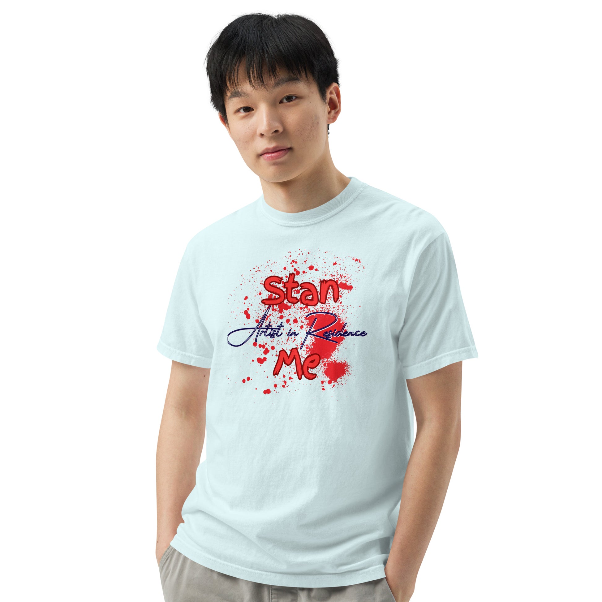“Stan Me, Artist in Residence” tees featuring paint splatter designs, blending artistic creativity with stan culture. Available in 8 unique styles. Perfect for artists looking to attract fans and gigs.