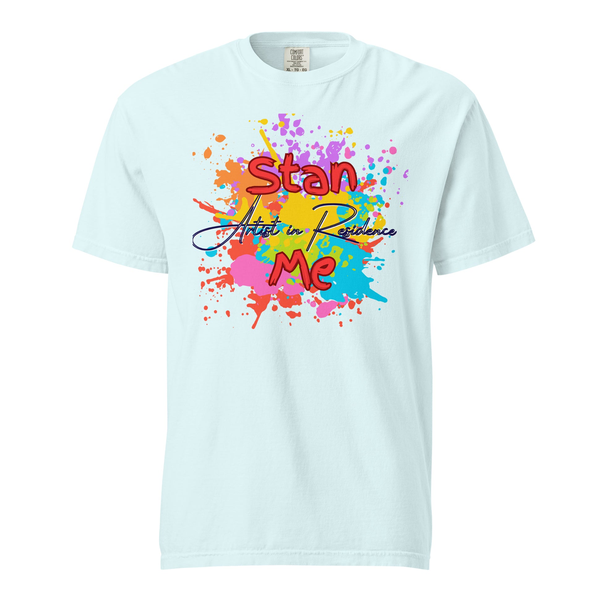 “Stan Me, Artist in Residence” tees featuring paint splatter designs, blending artistic creativity with stan culture. Available in 8 unique styles. Perfect for artists looking to attract fans and gigs. ice blue tee