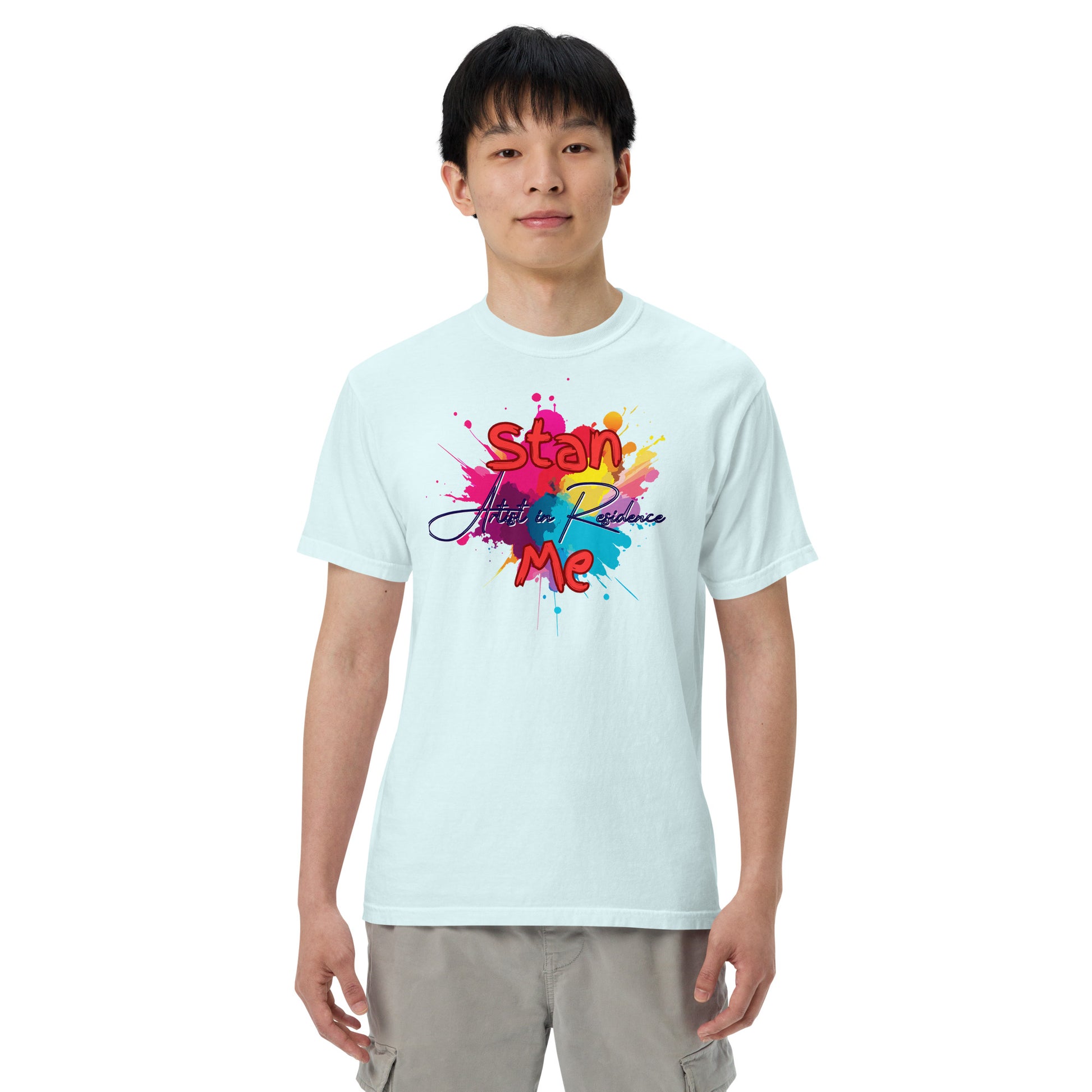 “Stan Me, Artist in Residence” tees featuring paint splatter designs, blending artistic creativity with stan culture. Available in 8 unique styles. Perfect for artists looking to attract fans and gigs.
