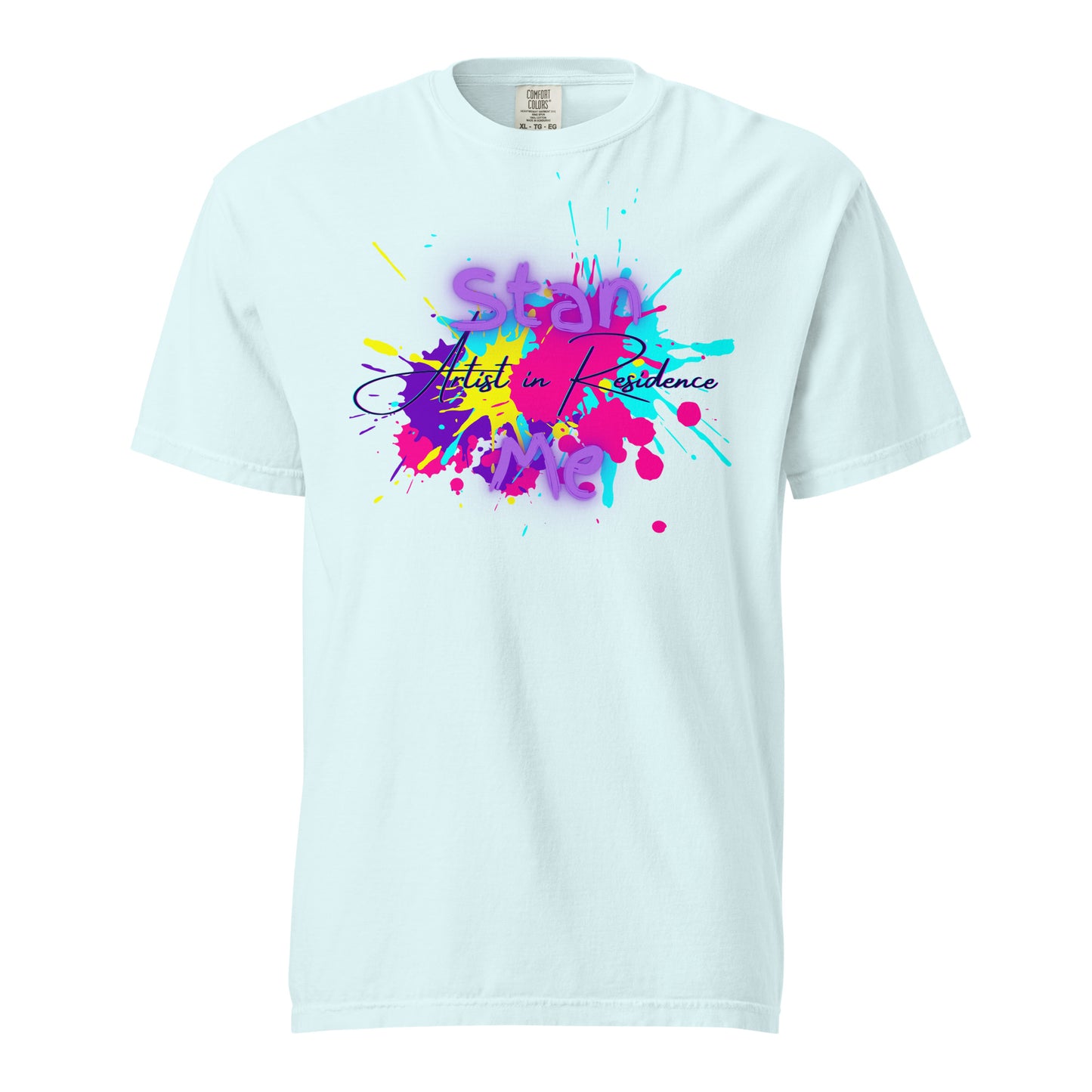 “Stan Me, Artist in Residence” tees featuring paint splatter designs, blending artistic creativity with stan culture. Available in 8 unique styles. Perfect for artists looking to attract fans and gigs.