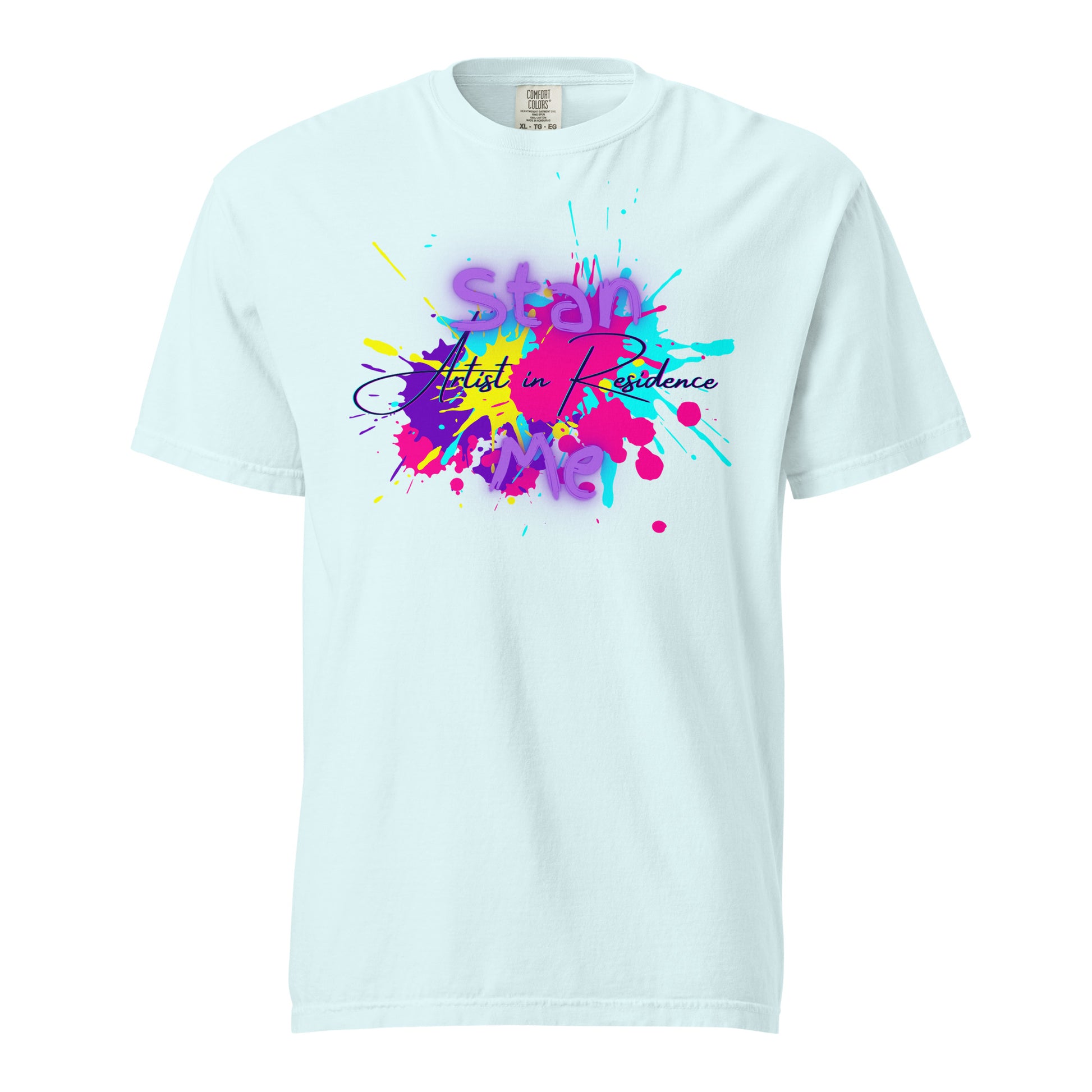 “Stan Me, Artist in Residence” tees featuring paint splatter designs, blending artistic creativity with stan culture. Available in 8 unique styles. Perfect for artists looking to attract fans and gigs.