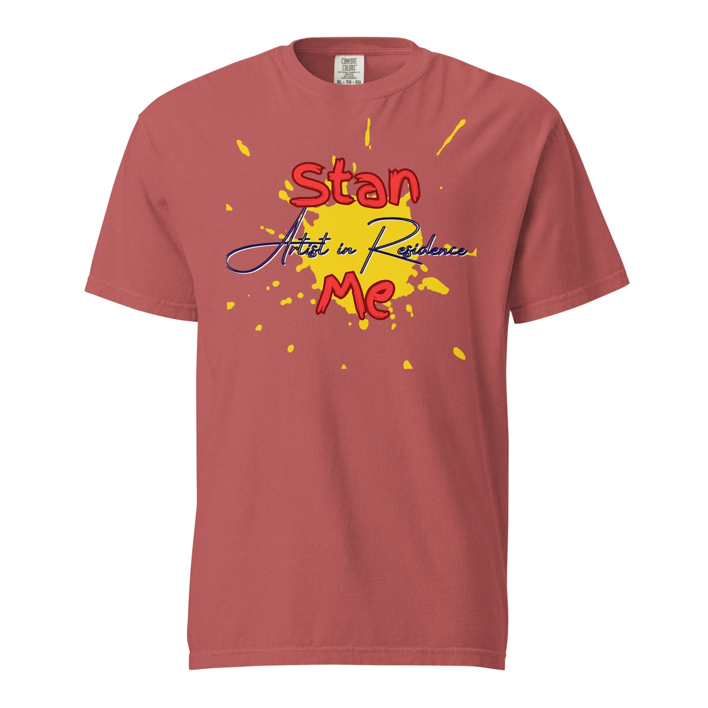 “Stan Me, Artist in Residence” tees featuring paint splatter designs, blending artistic creativity with stan culture. Available in 8 unique styles. Perfect for artists looking to attract fans and gigs.