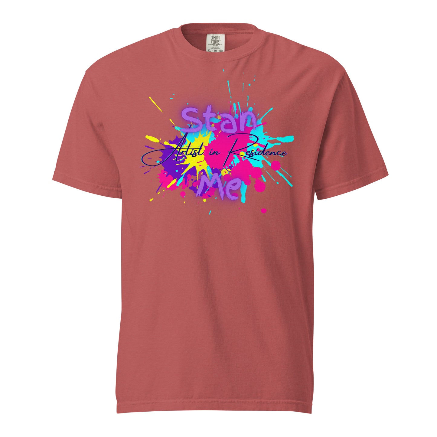 “Stan Me, Artist in Residence” tees featuring paint splatter designs, blending artistic creativity with stan culture. Available in 8 unique styles. Perfect for artists looking to attract fans and gigs.