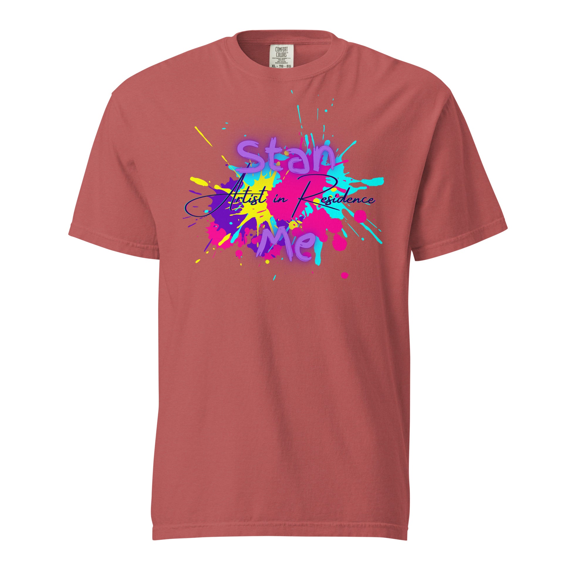 “Stan Me, Artist in Residence” tees featuring paint splatter designs, blending artistic creativity with stan culture. Available in 8 unique styles. Perfect for artists looking to attract fans and gigs.