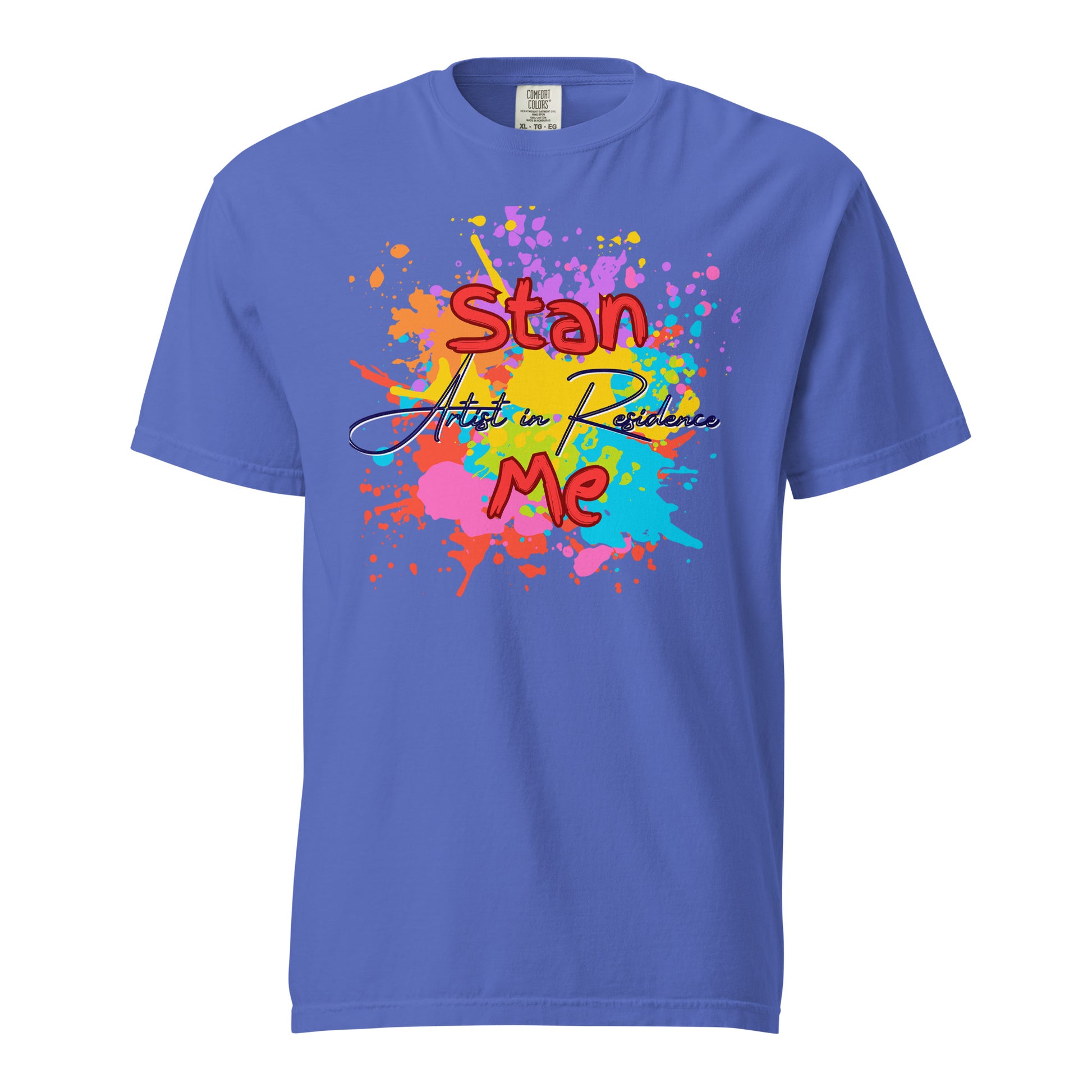 “Stan Me, Artist in Residence” tees featuring paint splatter designs, blending artistic creativity with stan culture. Available in 8 unique styles. Perfect for artists looking to attract fans and gigs. blue purple tee