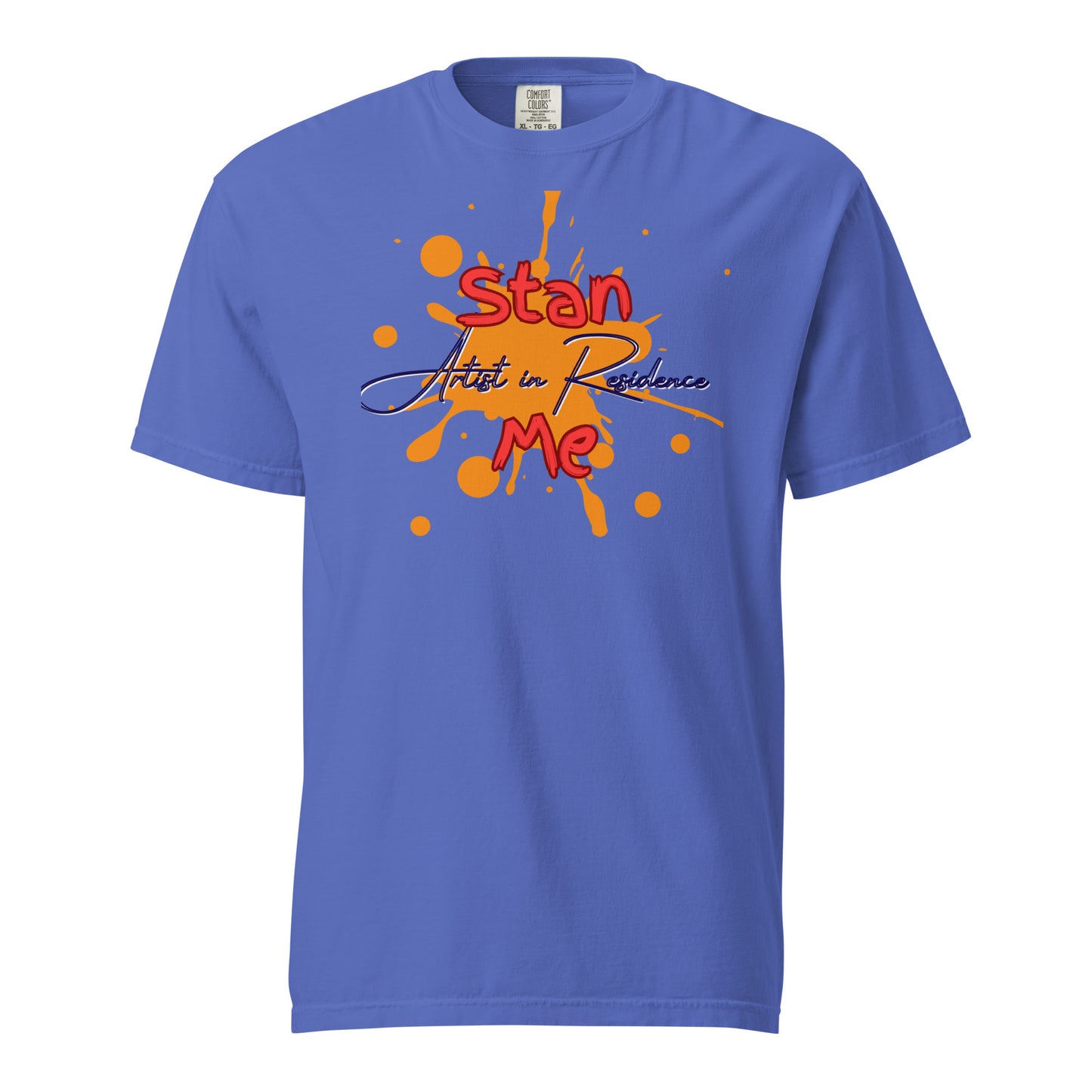 “Stan Me, Artist in Residence” tees featuring paint splatter designs, blending artistic creativity with stan culture. Available in 8 unique styles. Perfect for artists looking to attract fans and gigs. purple