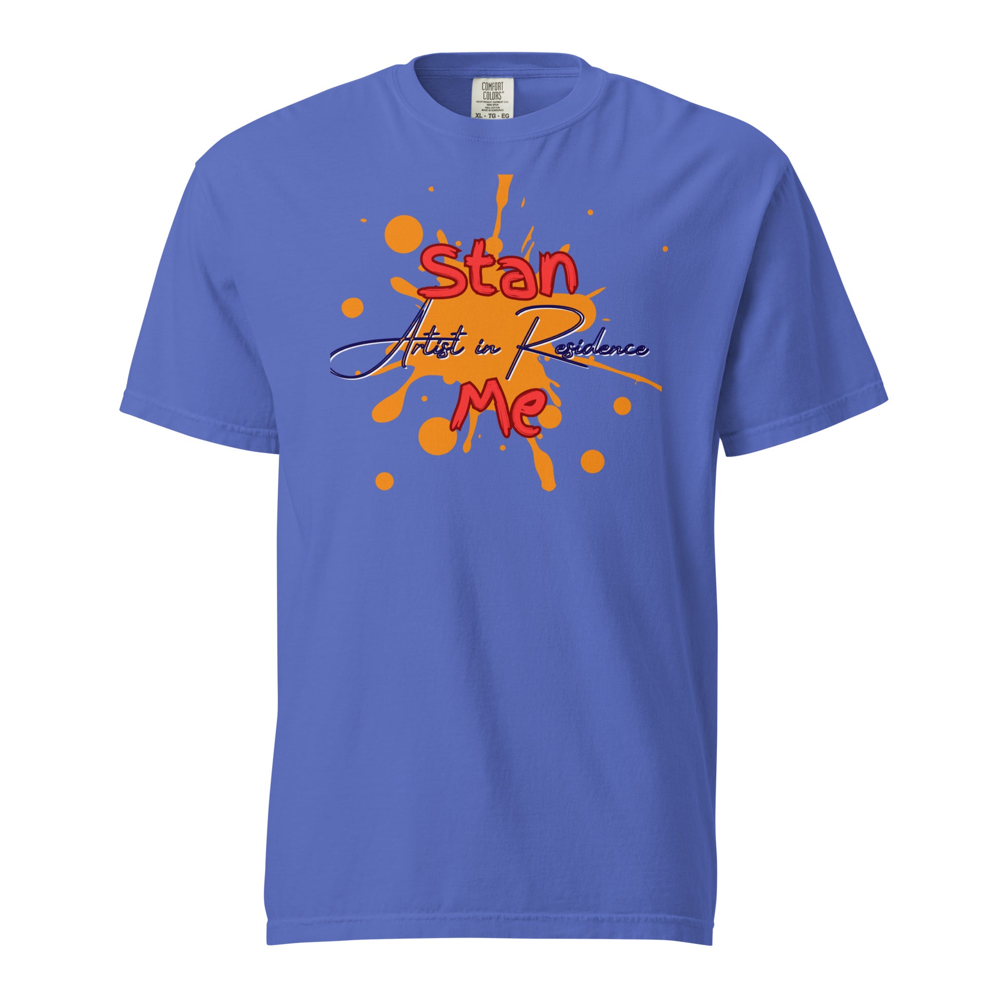 “Stan Me, Artist in Residence” tees featuring paint splatter designs, blending artistic creativity with stan culture. Available in 8 unique styles. Perfect for artists looking to attract fans and gigs. purple