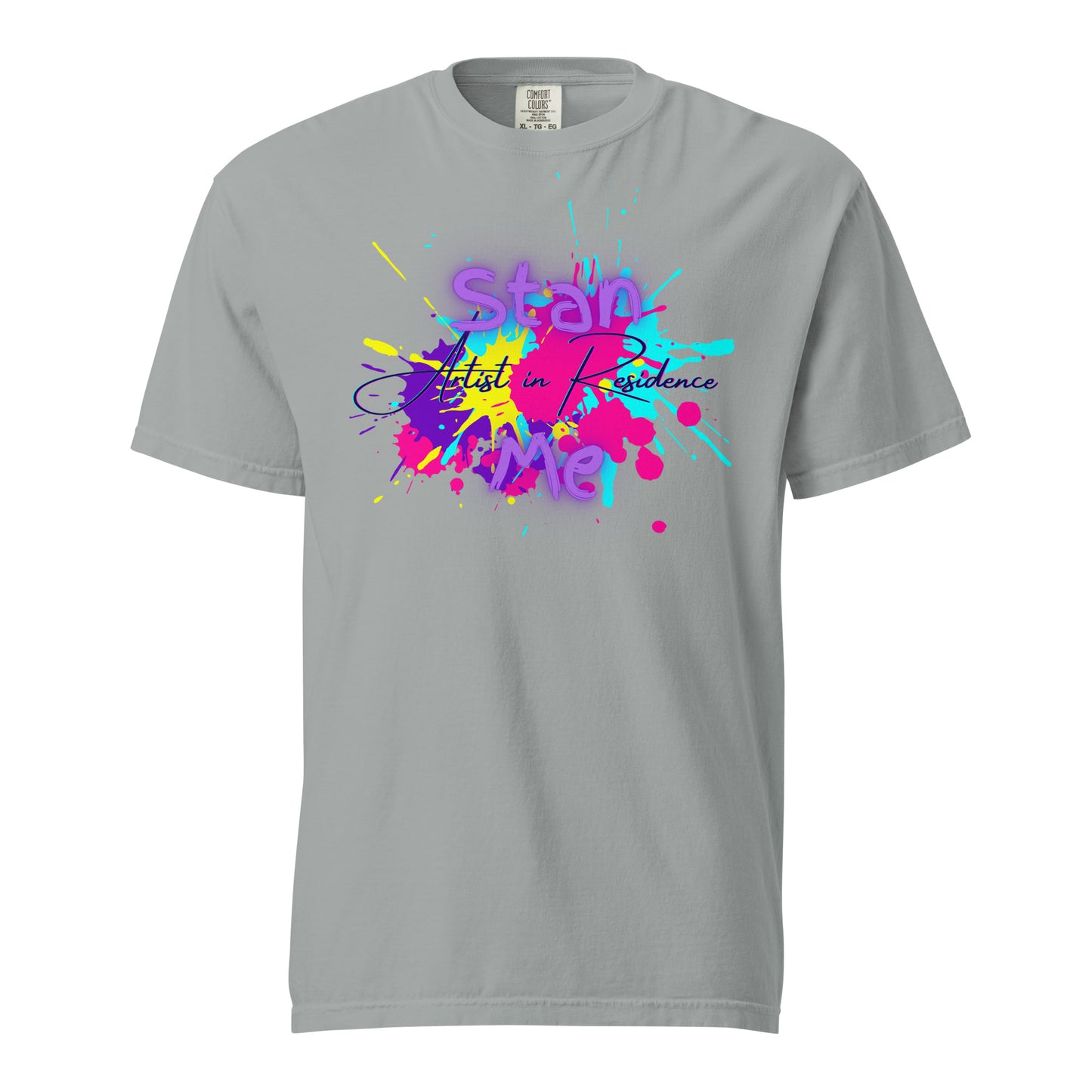 “Stan Me, Artist in Residence” tees featuring paint splatter designs, blending artistic creativity with stan culture. Available in 8 unique styles. Perfect for artists looking to attract fans and gigs.