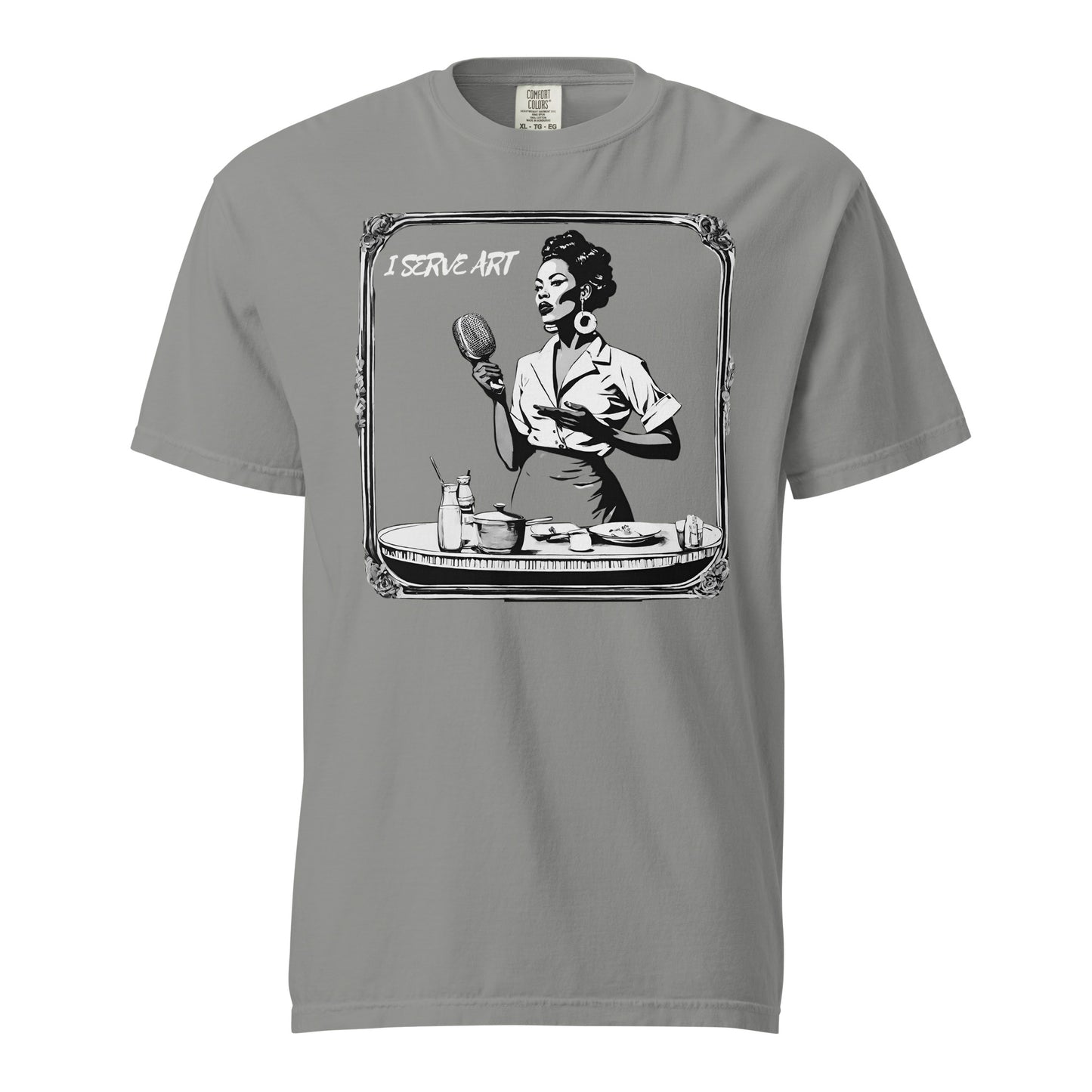 I Serve Art Waitress/Mic Heavyweight Unisex Dark T-Shirt - Silver