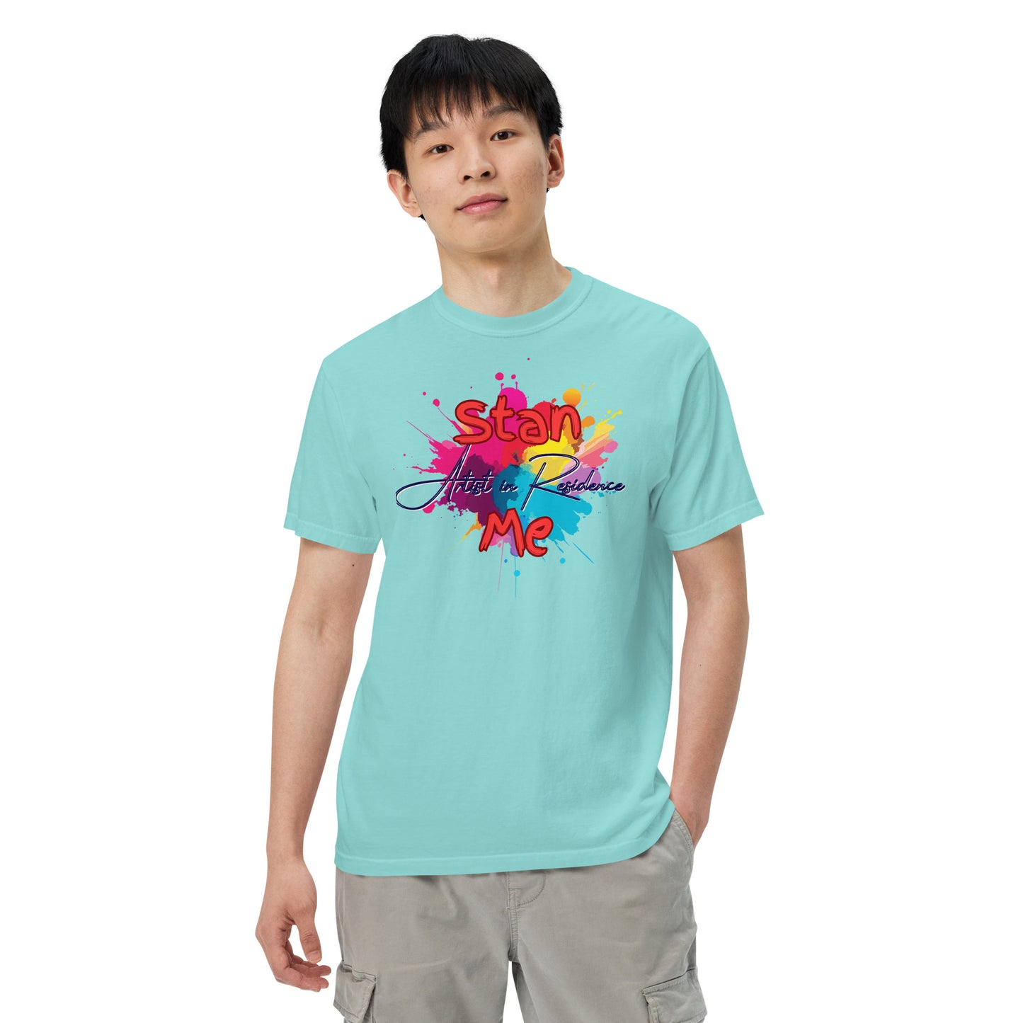 “Stan Me, Artist in Residence” tees featuring paint splatter designs, blending artistic creativity with stan culture. Available in 8 unique styles. Perfect for artists looking to attract fans and gigs.