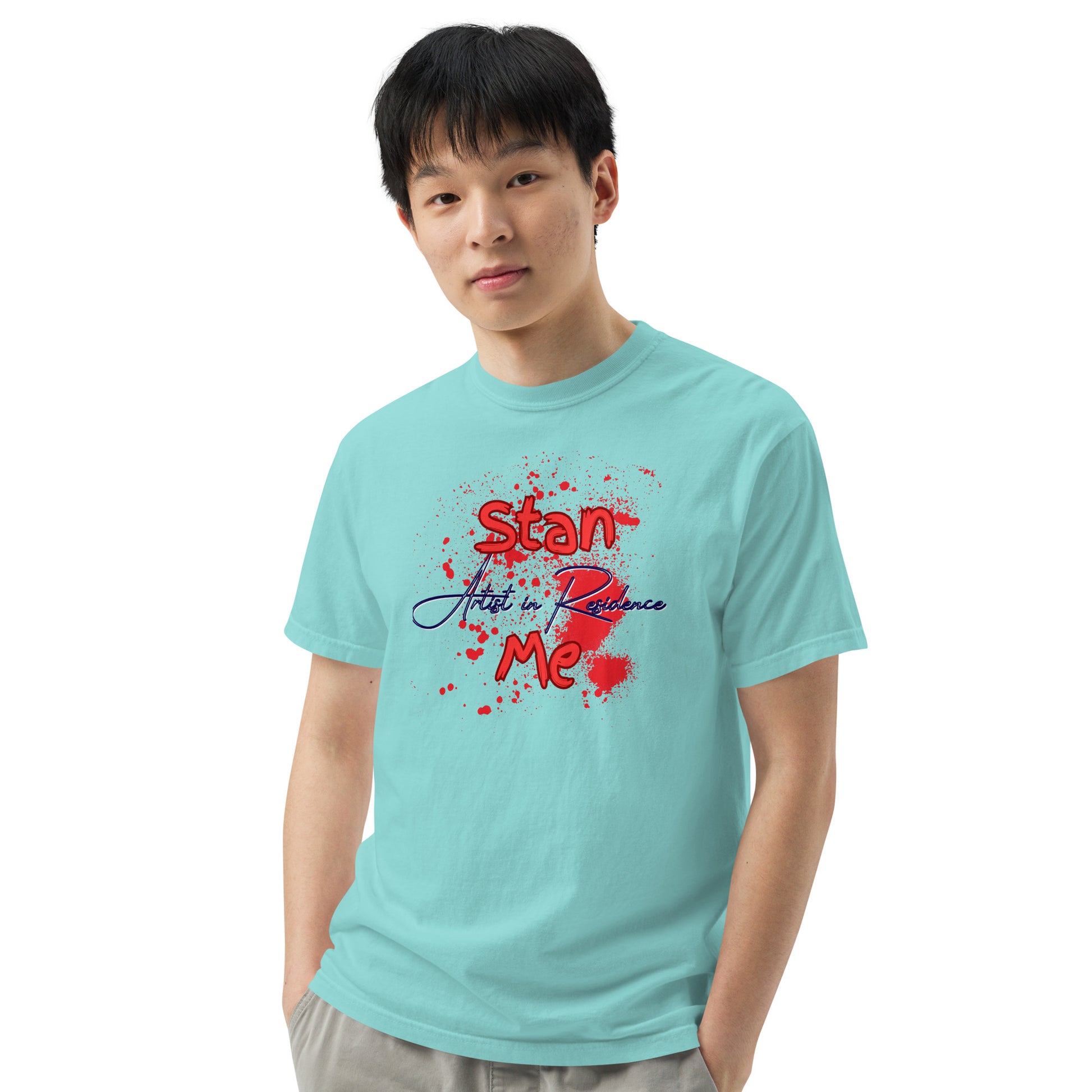 “Stan Me, Artist in Residence” tees featuring paint splatter designs, blending artistic creativity with stan culture. Available in 8 unique styles. Perfect for artists looking to attract fans and gigs.